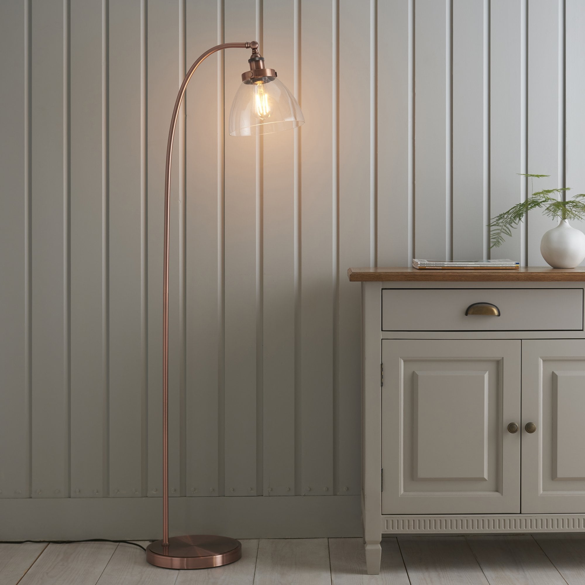 Endon Hansen Single Light Floor Lamp  - Aged Copper Plate & Clear Glass