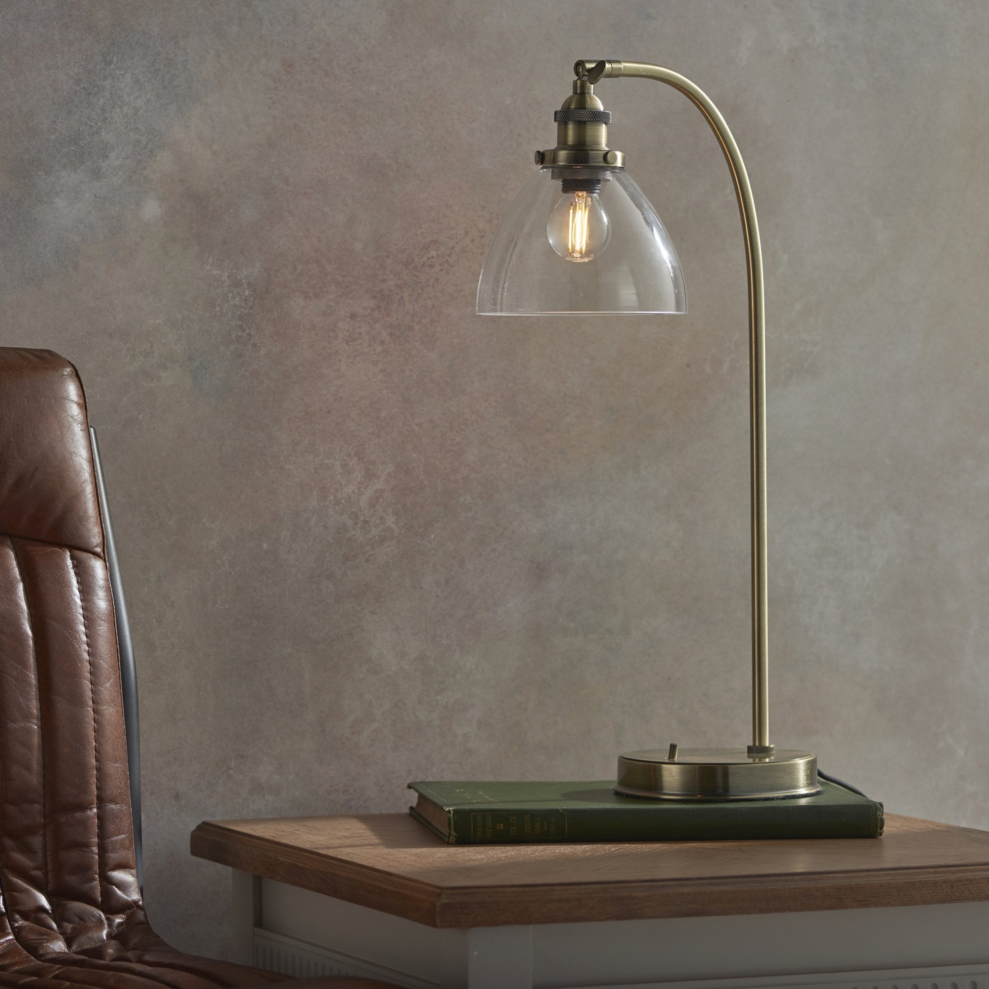 Endon Hansen Single Light Table Lamp - Antique Brass Plate & Clear Glass