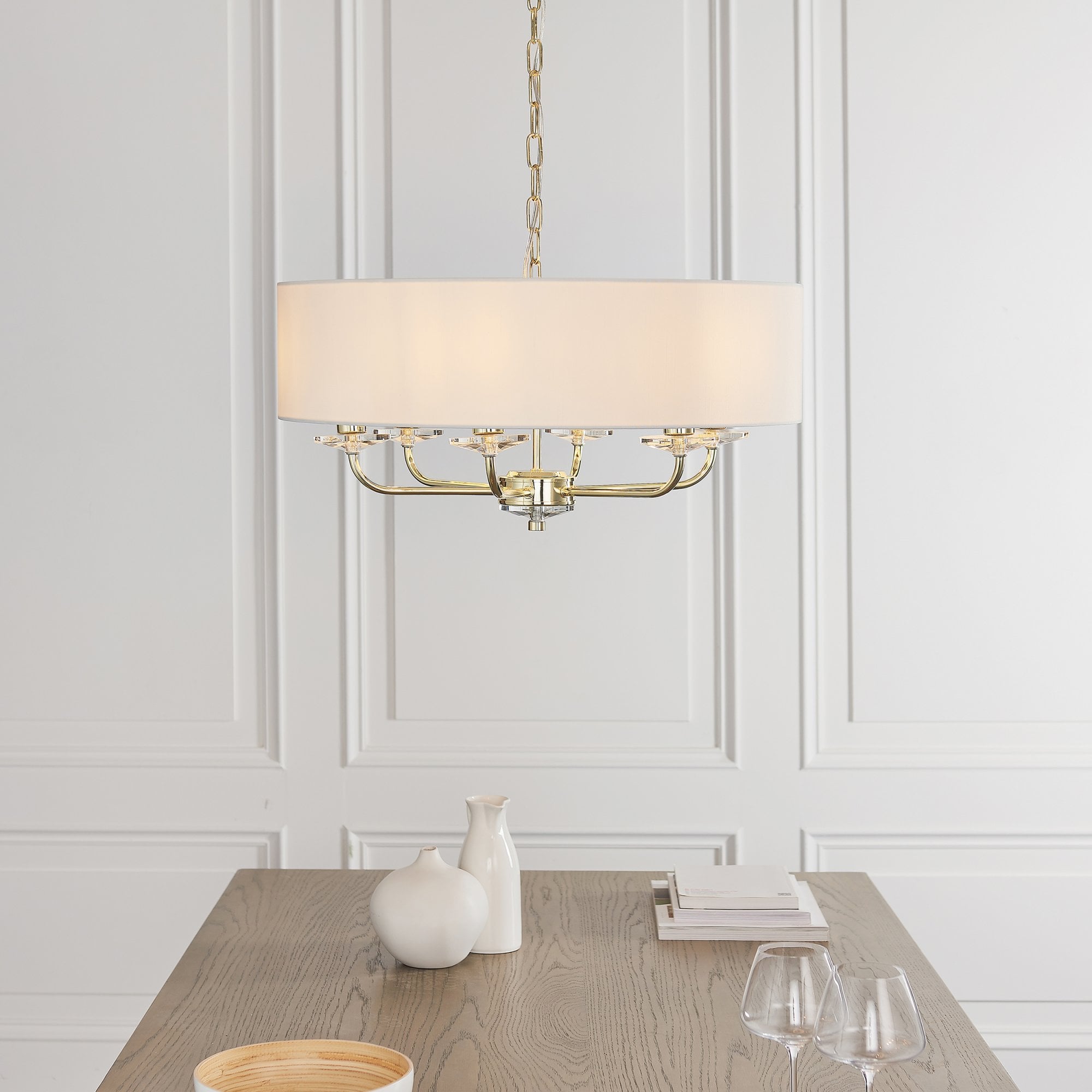 Endon Nixon 6 Light Pendant - Brass Plate & Vintage White Fabric