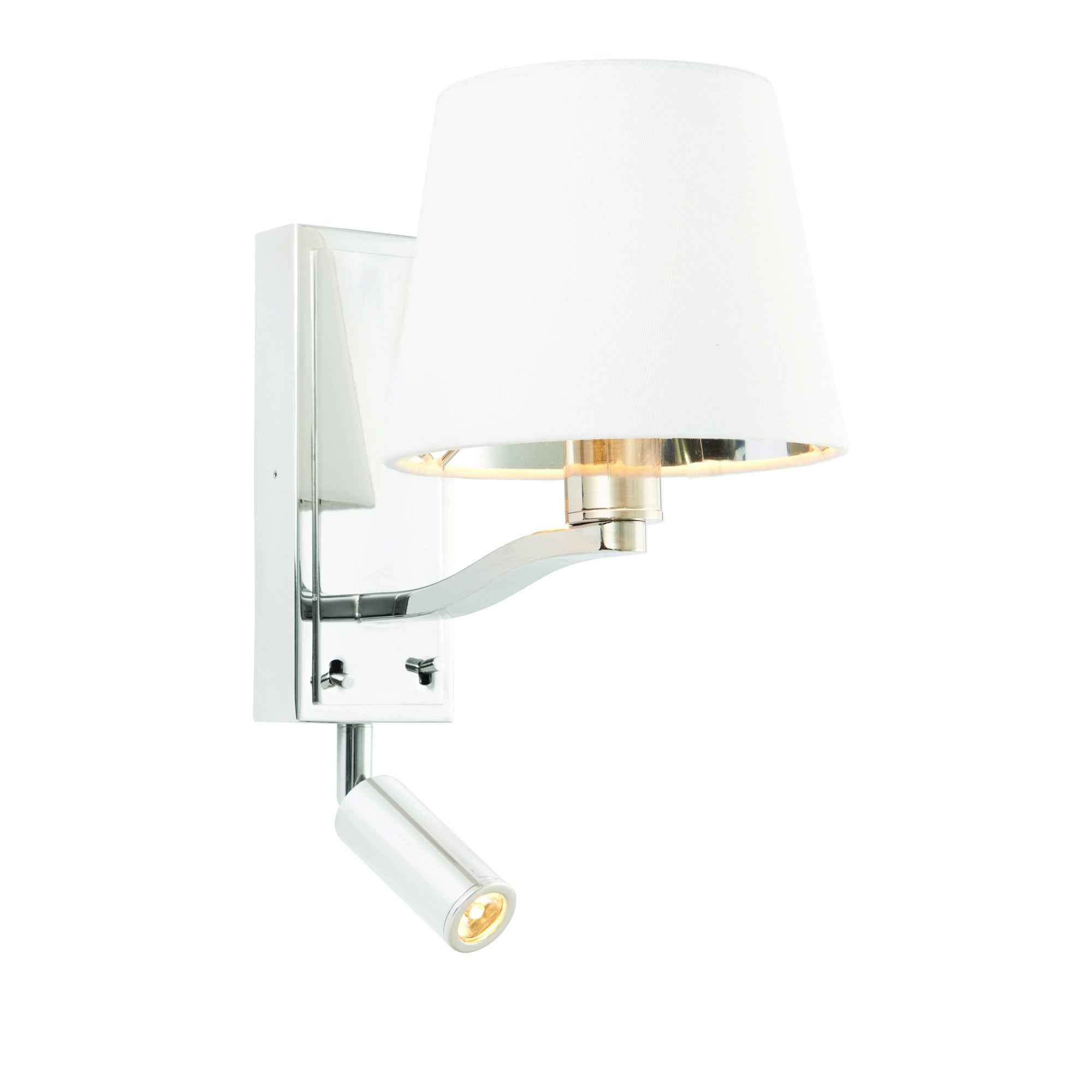 Endon Harvey Single Light Wall Light - Bright Nickel Plate & Vintage White Fabric & Reading Light