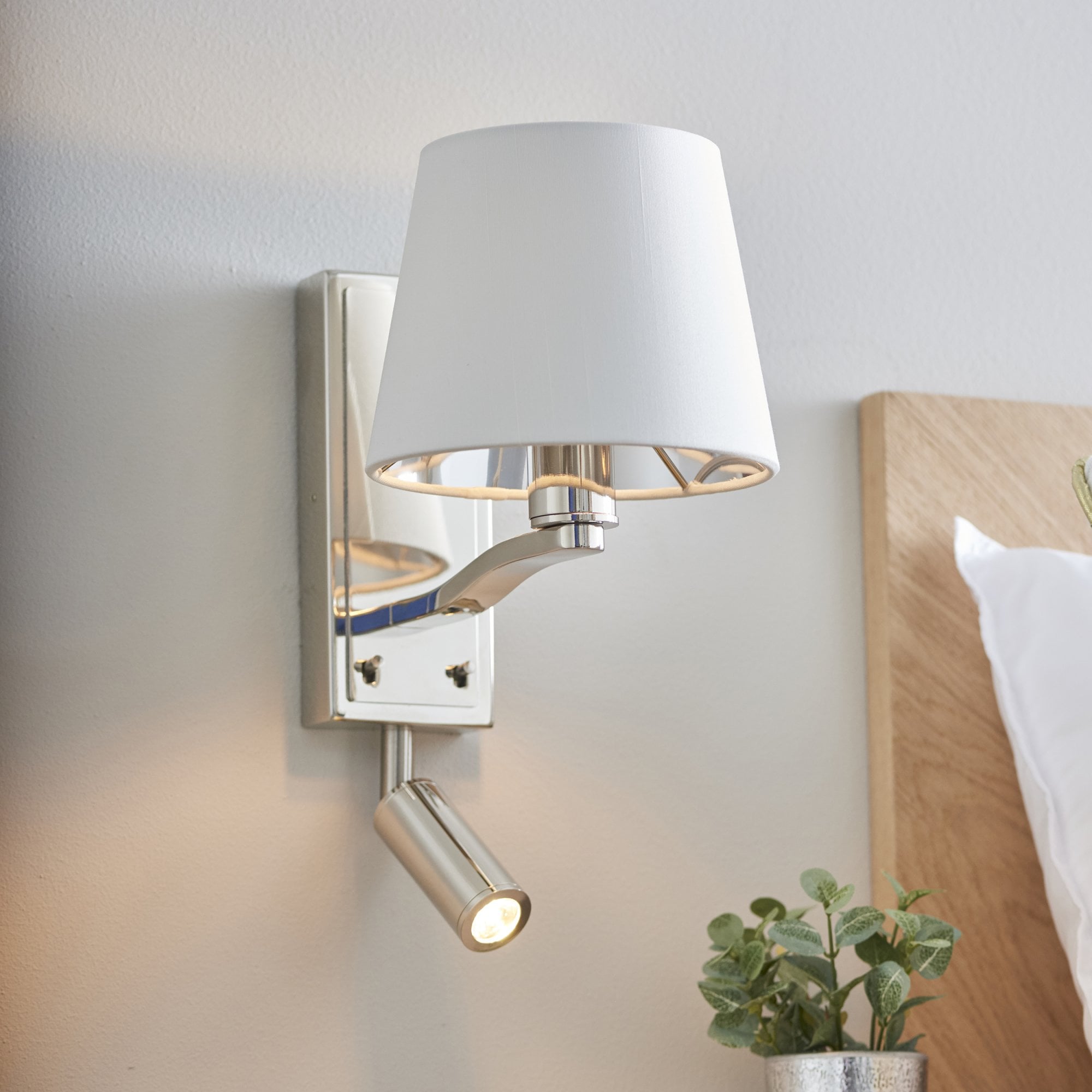 Endon Harvey Single Light Wall Light - Bright Nickel Plate & Vintage White Fabric & Reading Light
