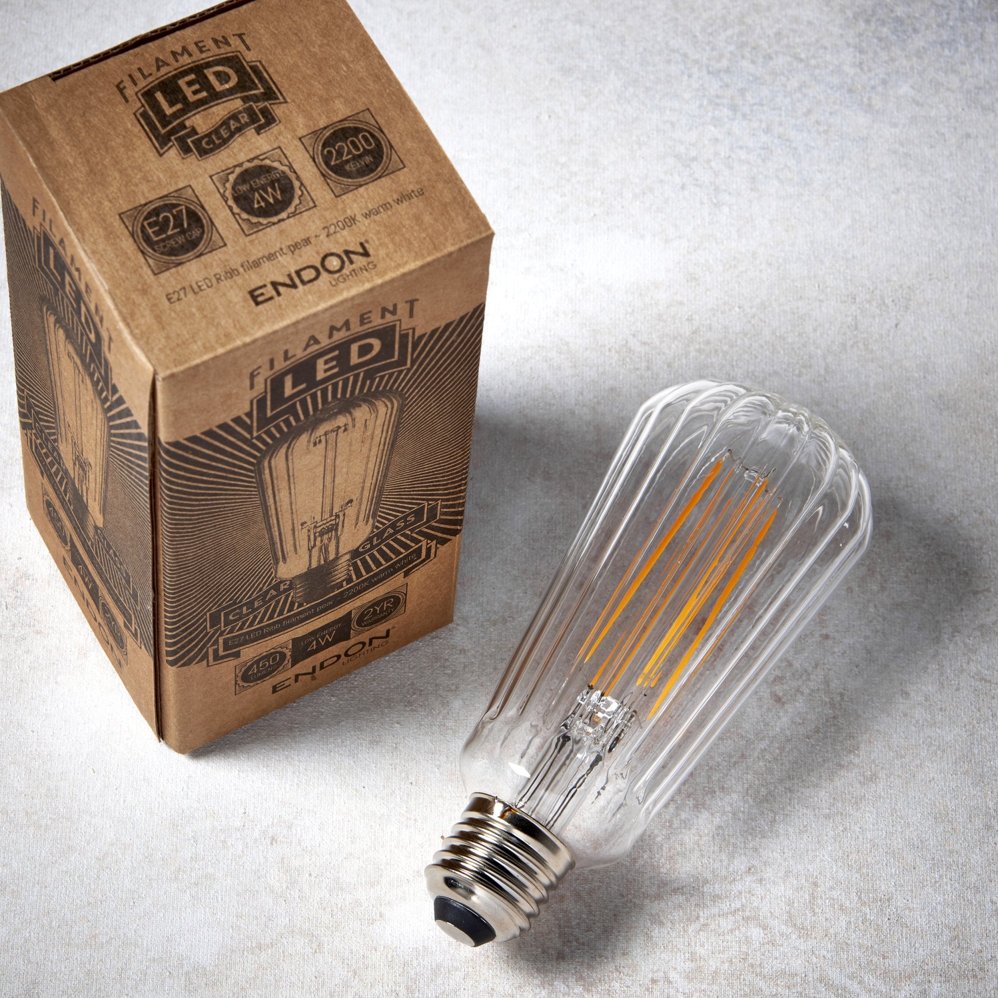 Endon Ribb Pear Single E27 LED 4W Bulb - 2200K - Non-Dimmable - Clear Glass