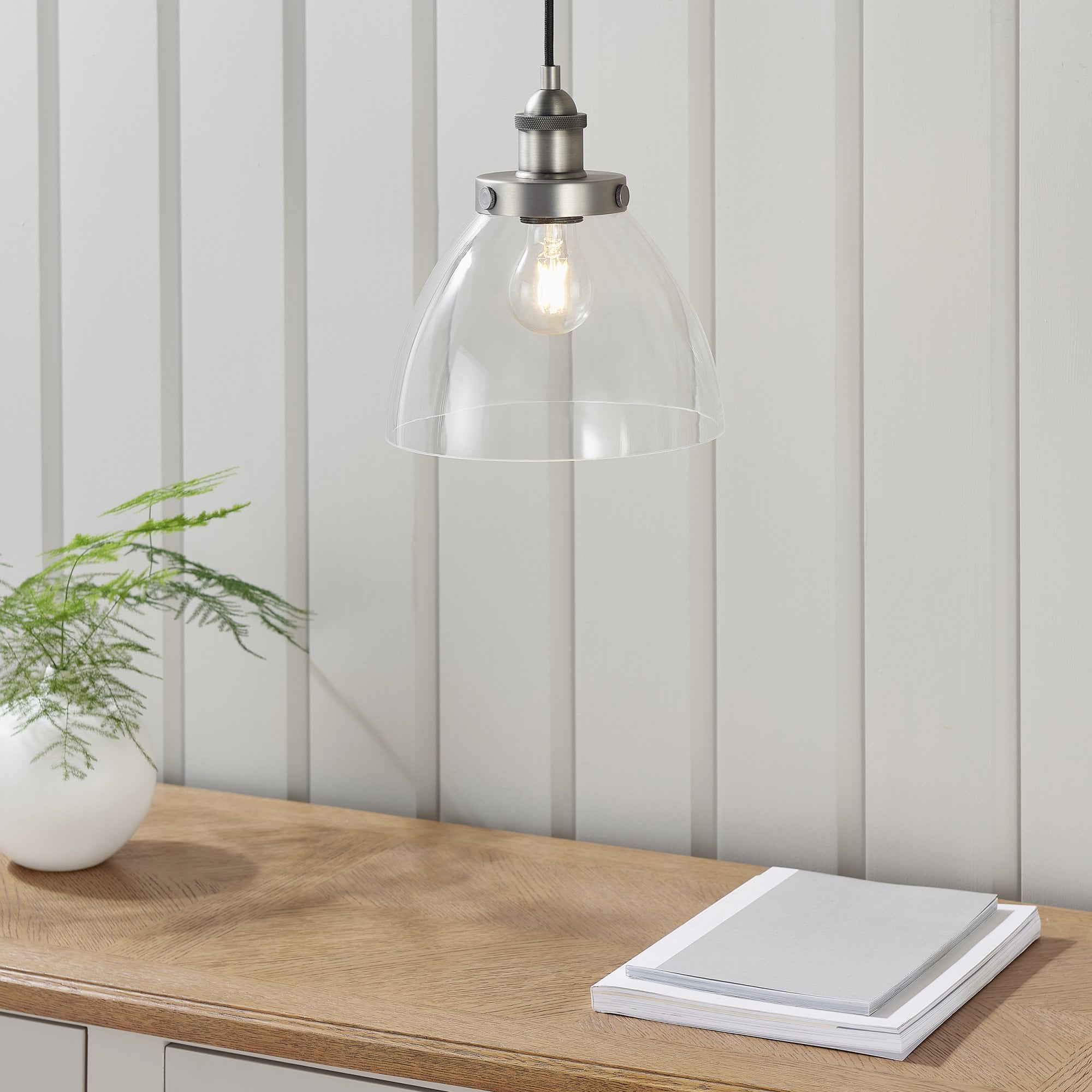 Endon Hansen Single Light Pendant - Brushed Silver Paint & Clear Glass