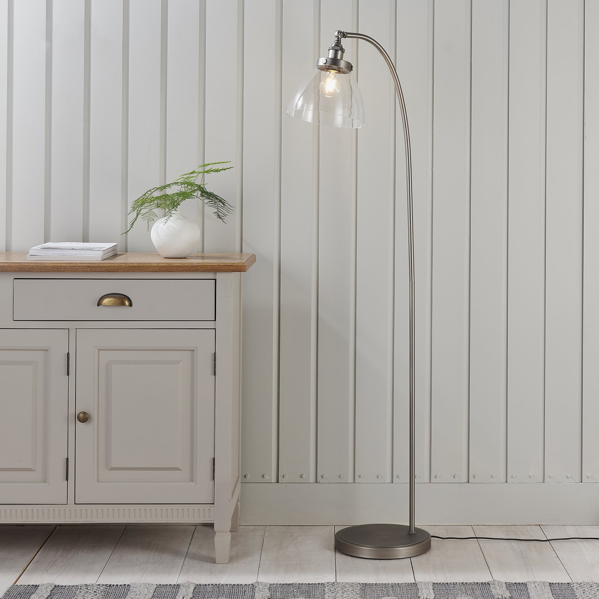 Endon Hansen Single Light Floor Lamp - Brushed Silver Paint & Clear Glass