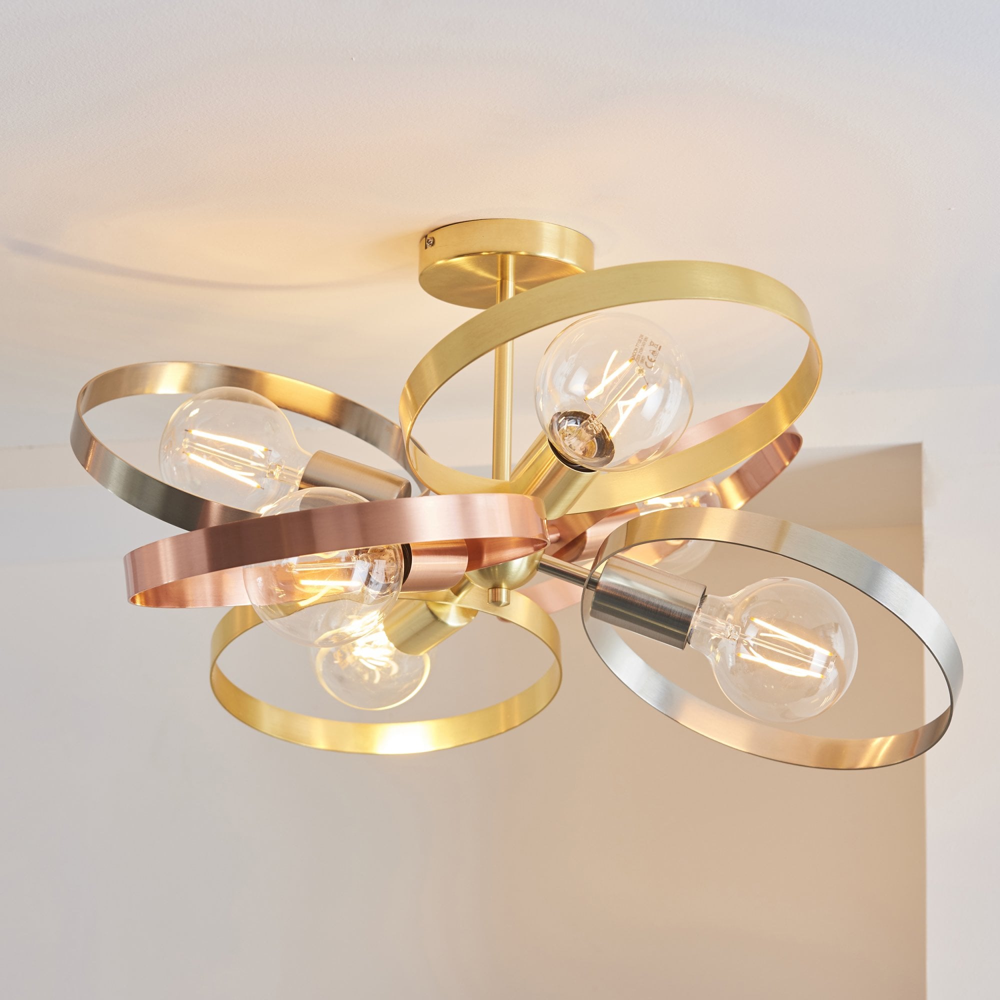 Endon Hoop 6 Light Semi Flush Fitting - Satin Brass & Brushed Copper Plate
