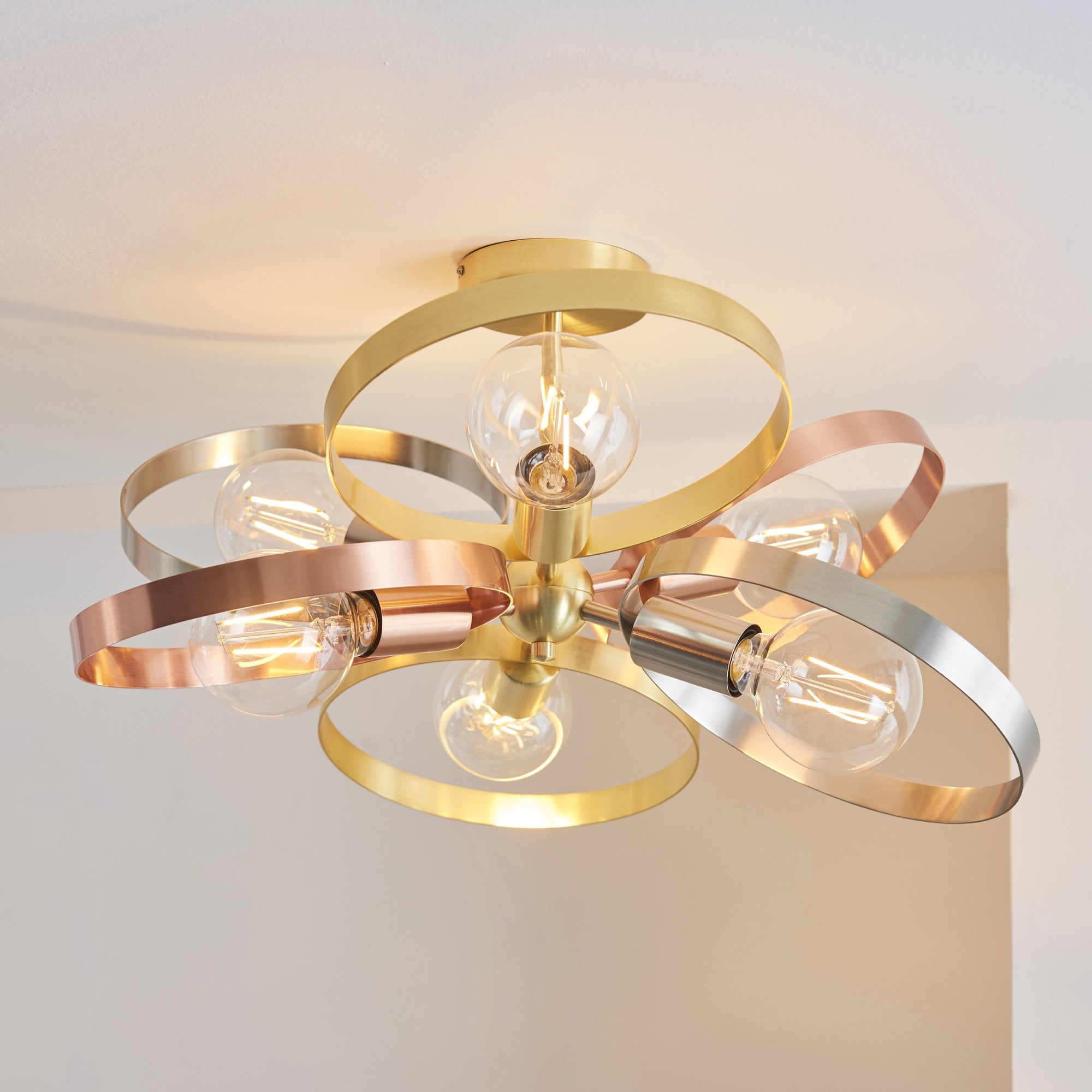 Endon Hoop 6 Light Semi Flush Fitting - Satin Brass & Brushed Copper Plate