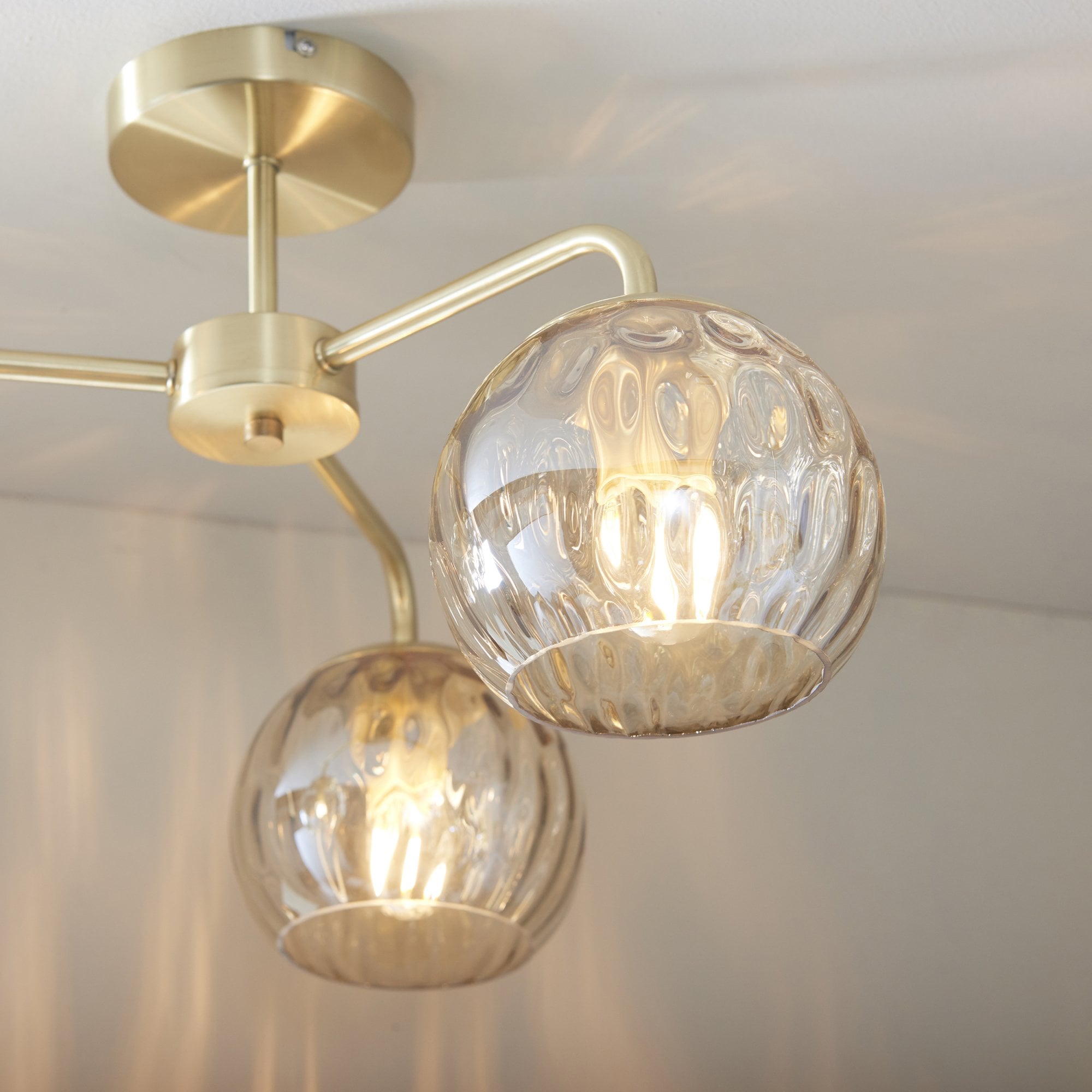 Endon Dimple 3 Light Semi Flush Fitting - Satin Brass Plate & Champagne Lustre Glass