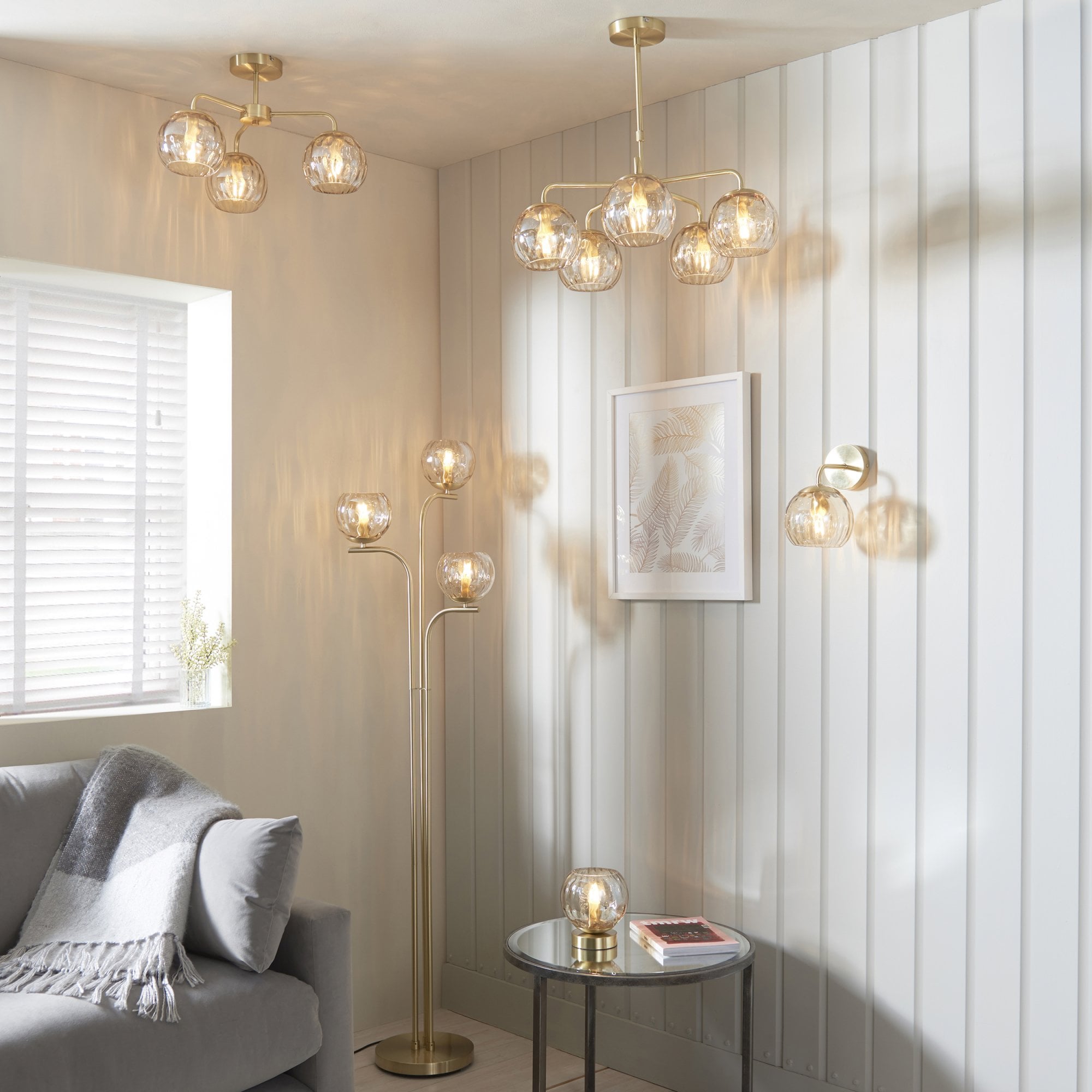 Endon Dimple 5 Light Pendant - Satin Brass Plate & Champagne Lustre Glass