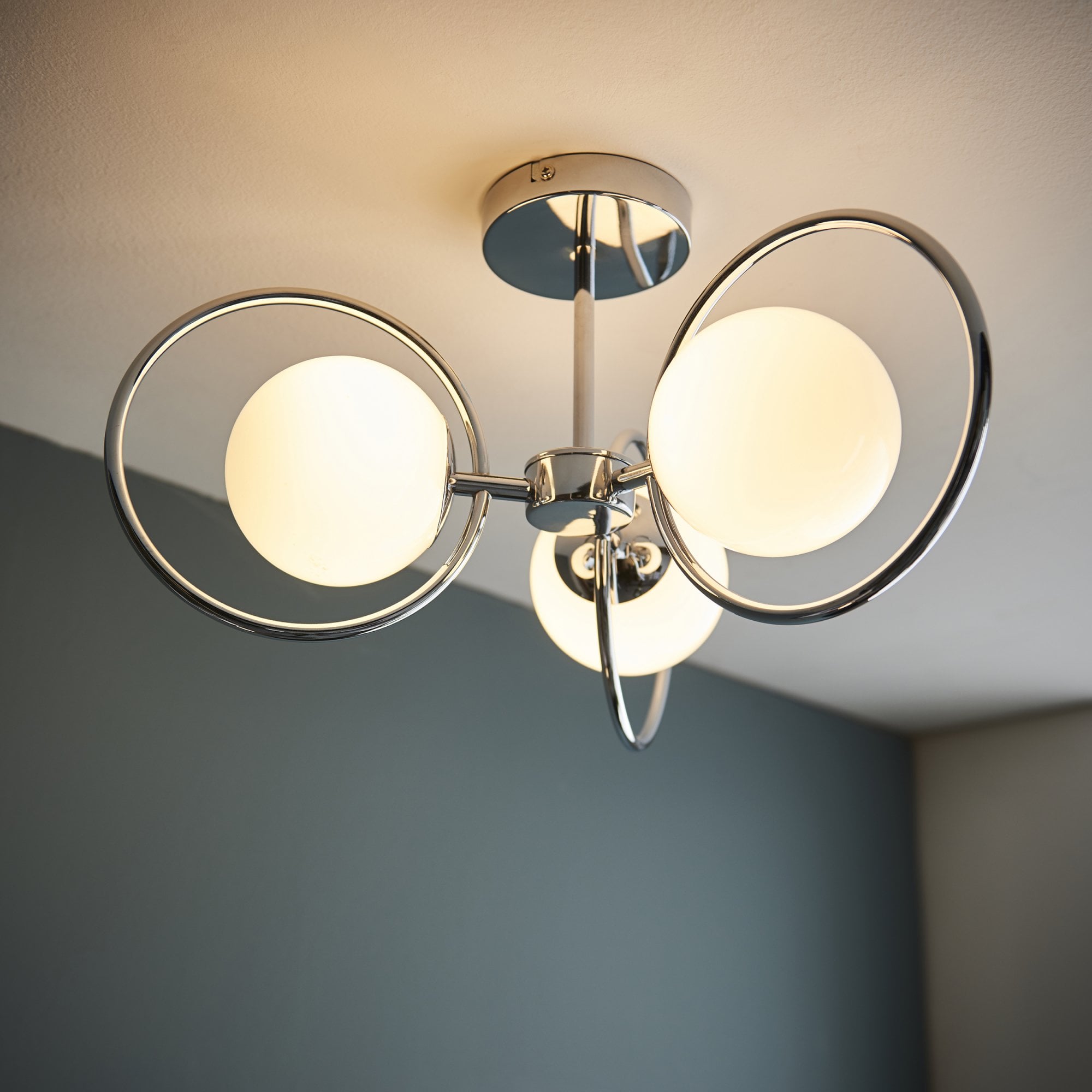 Endon Orb 3 Light Semi Flush Fitting  - Chrome Plate & Opal Glass