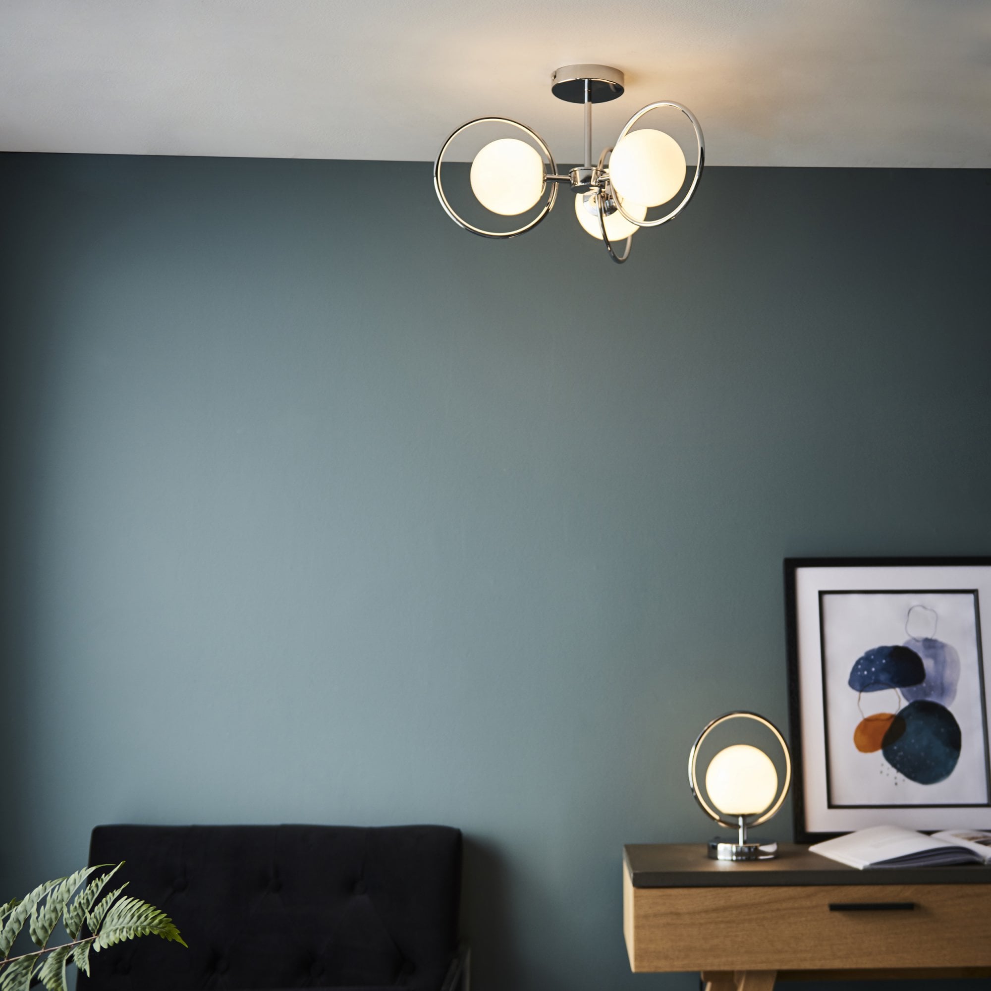 Endon Orb 3 Light Semi Flush Fitting  - Chrome Plate & Opal Glass