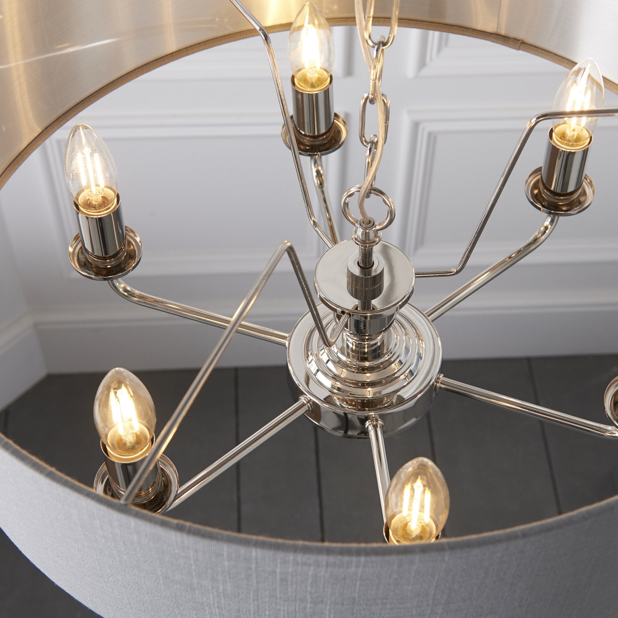 Endon Highclere 6 Light Pendant - Bright Nickel Plate & Charcoal Fabric