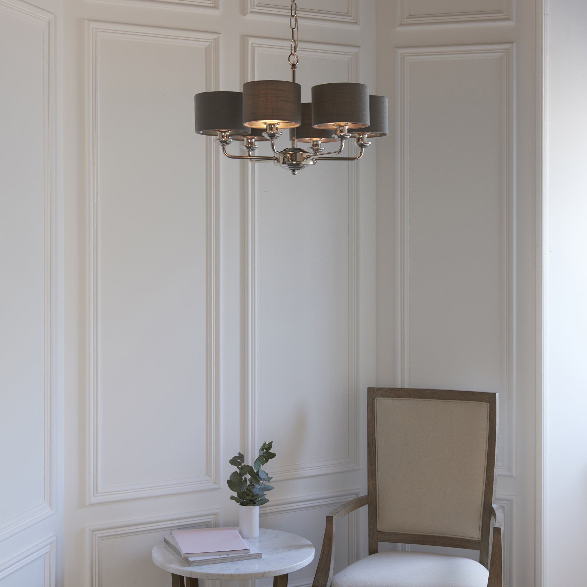 Endon Highclere 6 Light Arm Pendant - Bright Nickel Plate & Charcoal Fabric