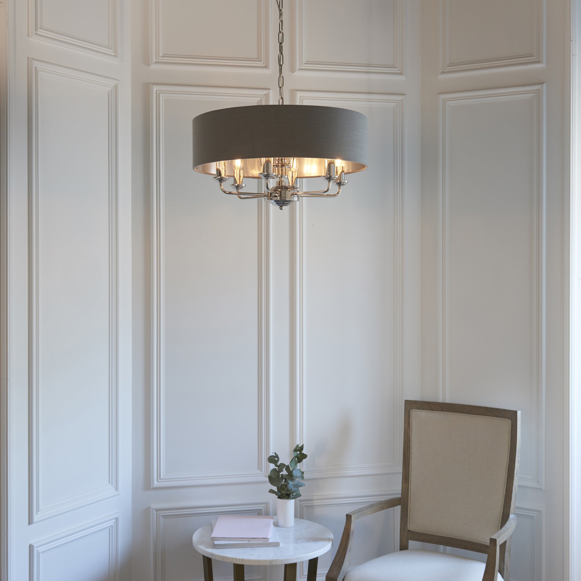 Endon Highclere 8 Light Pendant - Bright Nickel Plate & Charcoal Fabric