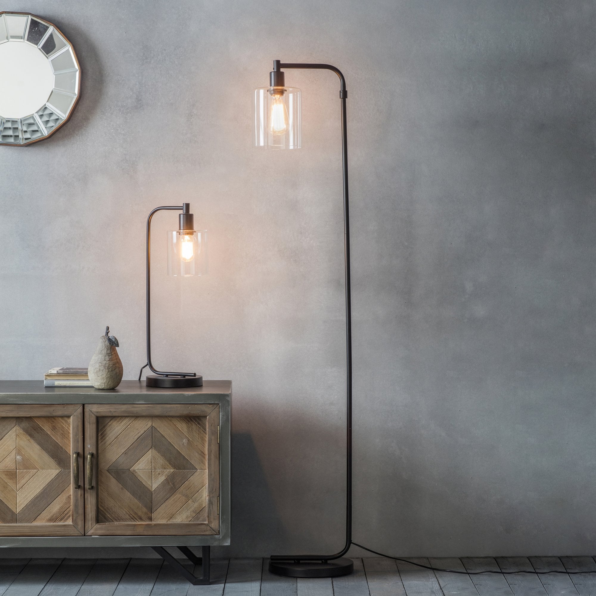 Endon Toledo Single Light Floor Lamp  - Matt Black & Clear Glass