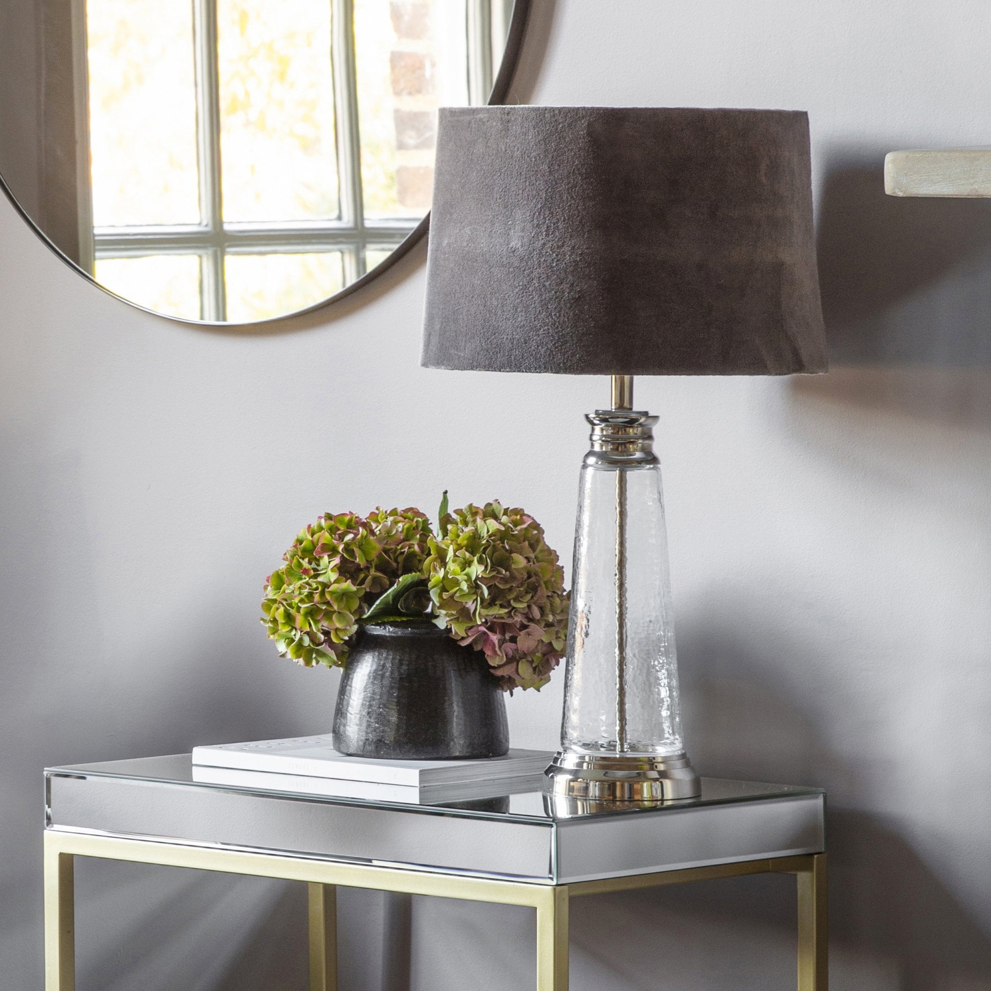 Endon Winslet Single Light Table Lamp - Clear Hammered Glass & Grey & Silver Velvet