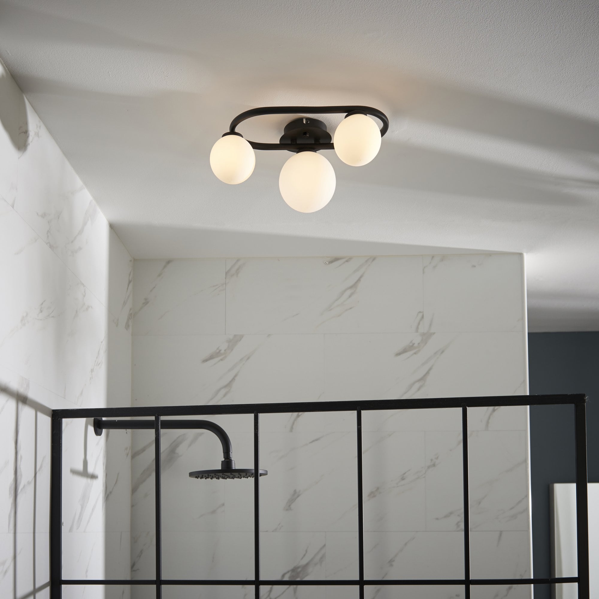 Endon Pulsa Oval 3 Light Semi Flush - Matt Black & Matt White Glass