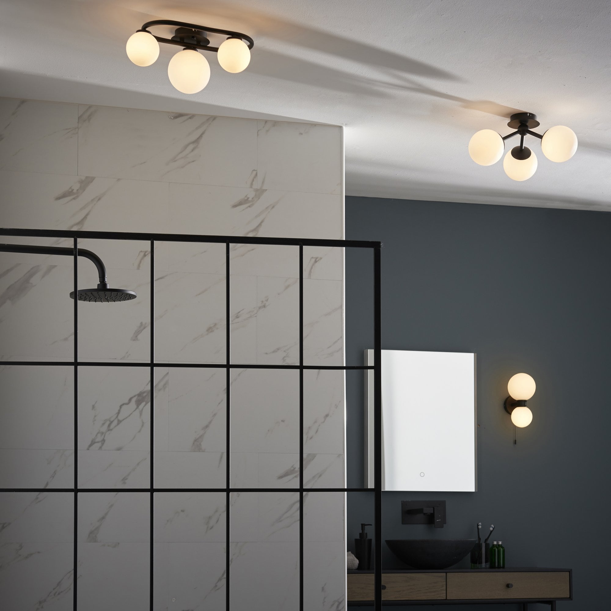 Endon Pulsa Oval 3 Light Semi Flush - Matt Black & Matt White Glass