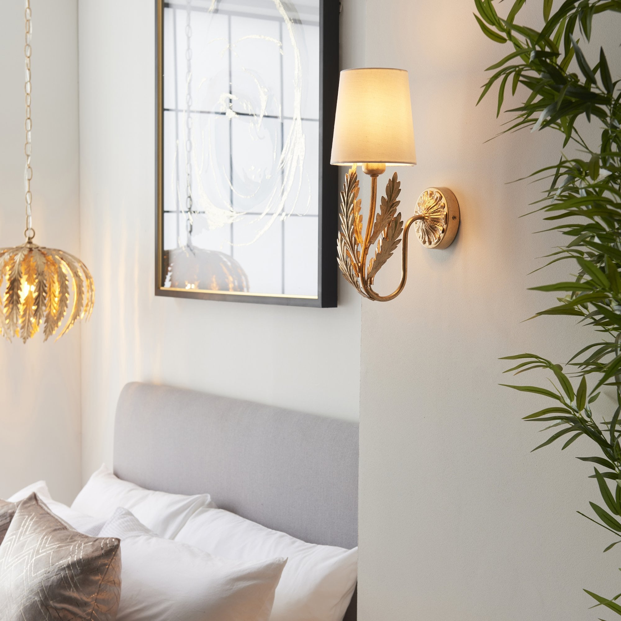 Endon Delphine Single Wall Light -  Gold Leaf & Ivory Cotton Fabric