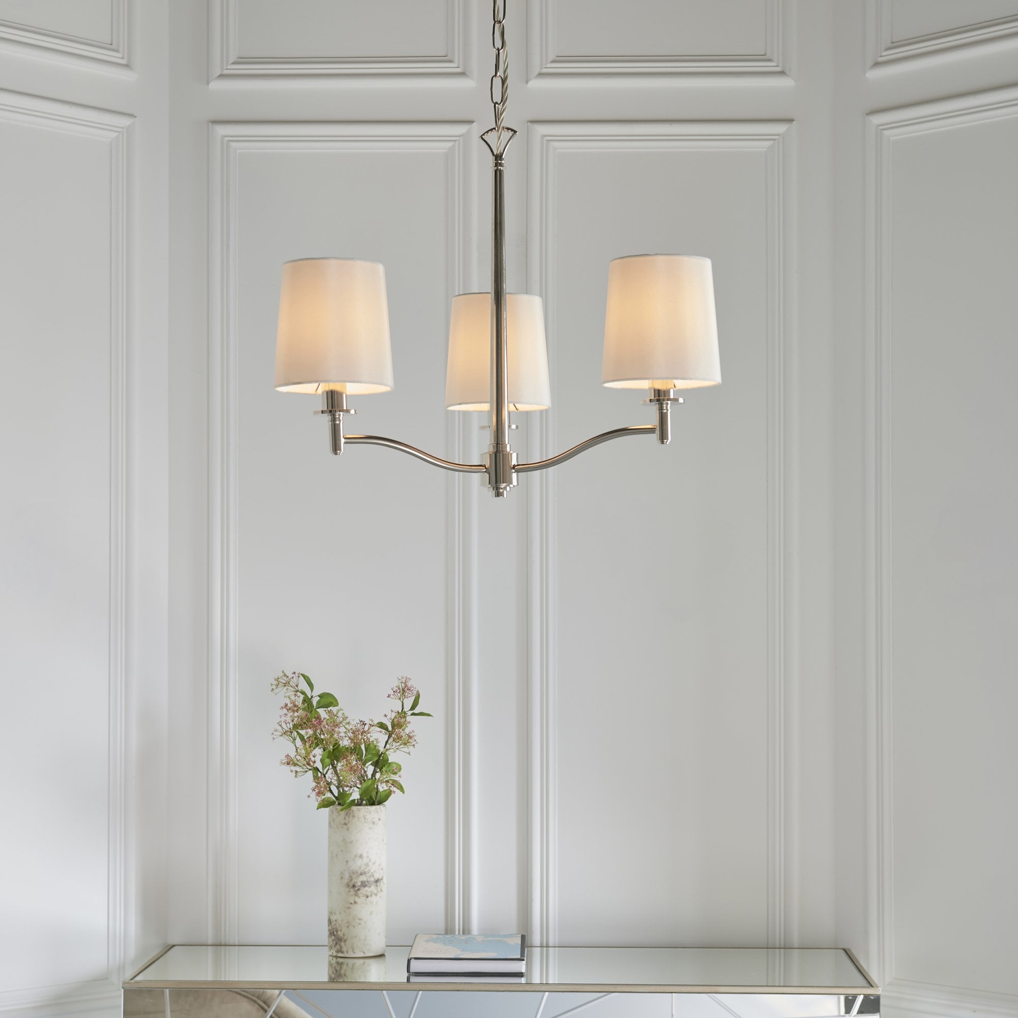 Endon Ortona 3 Light Pendant -  Bright Nickel Plate & Vintage White Fabric