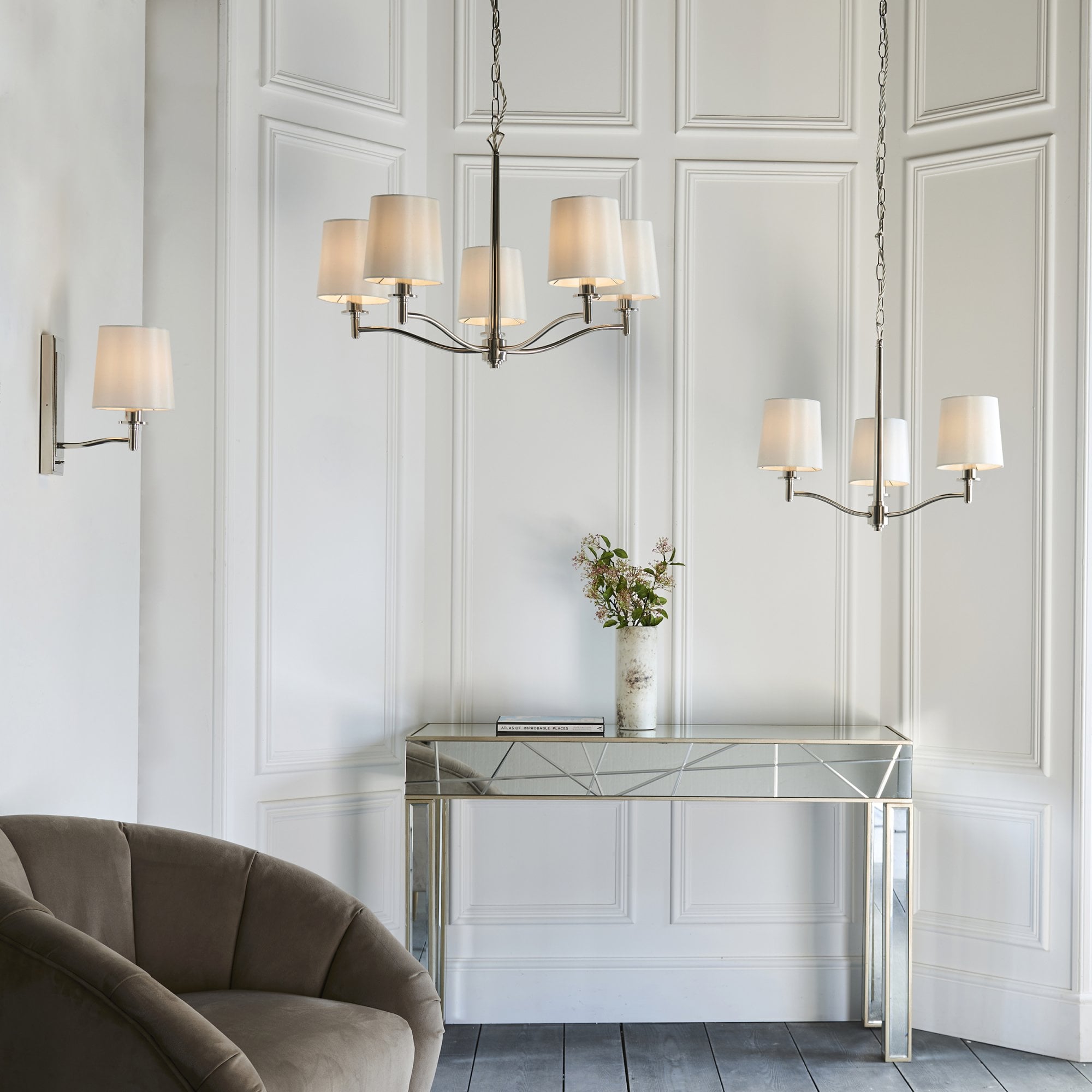 Endon Ortona 3 Light Pendant -  Bright Nickel Plate & Vintage White Fabric