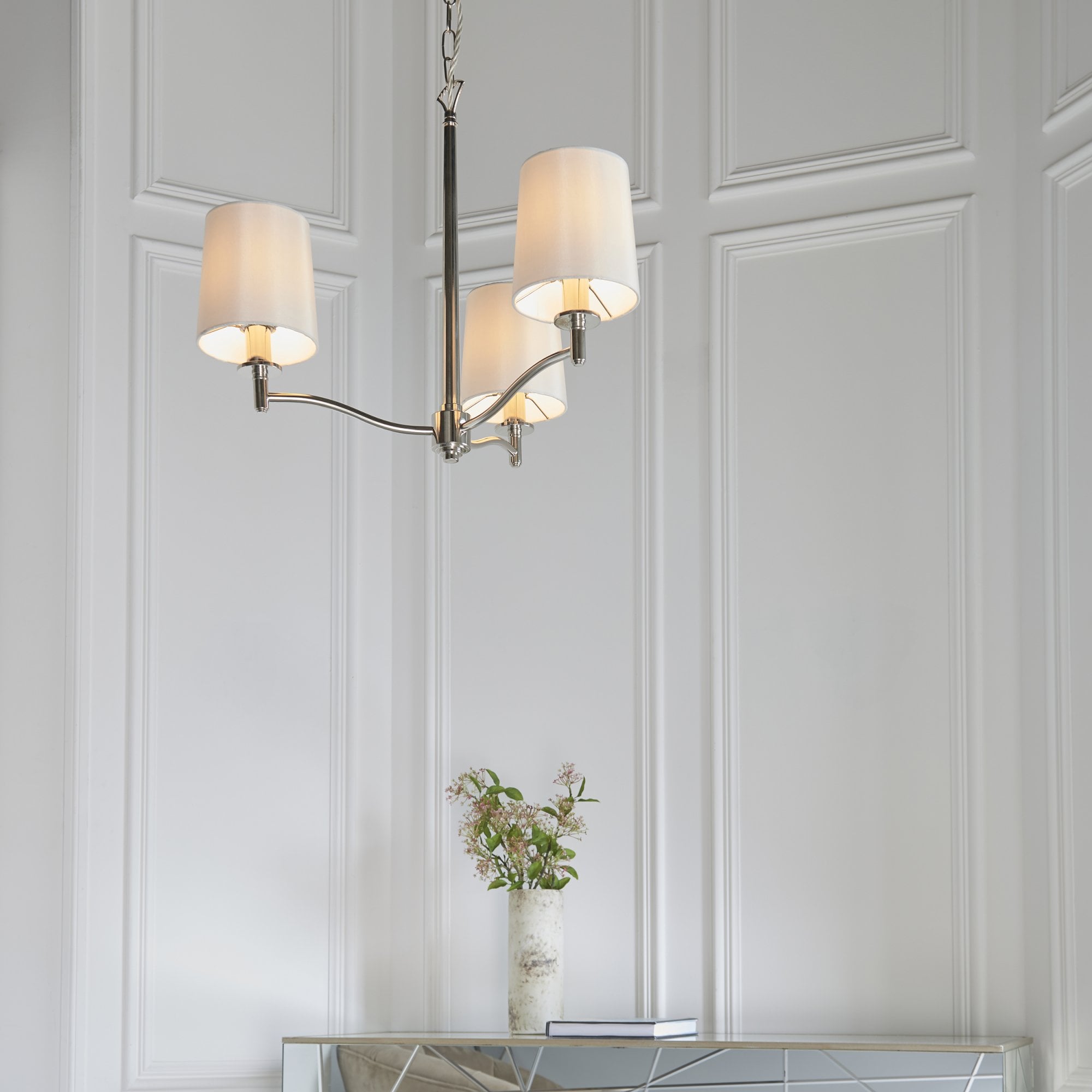 Endon Ortona 3 Light Pendant -  Bright Nickel Plate & Vintage White Fabric