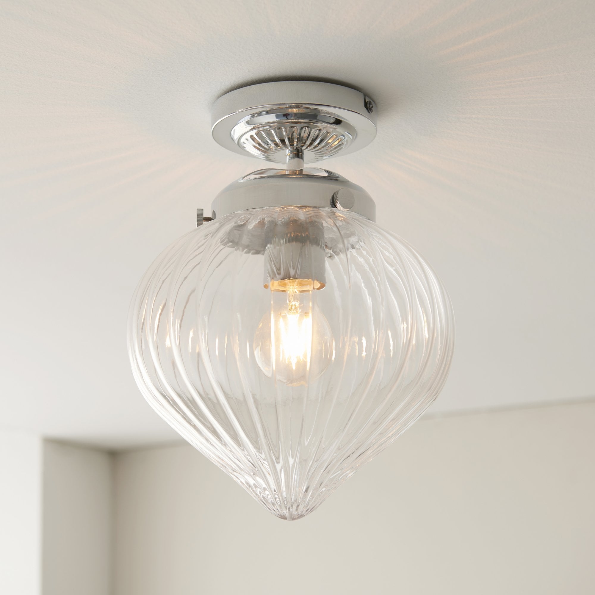 Endon Cheston Single Light Flush - Chrome Plate & Clear Ribbed Glass