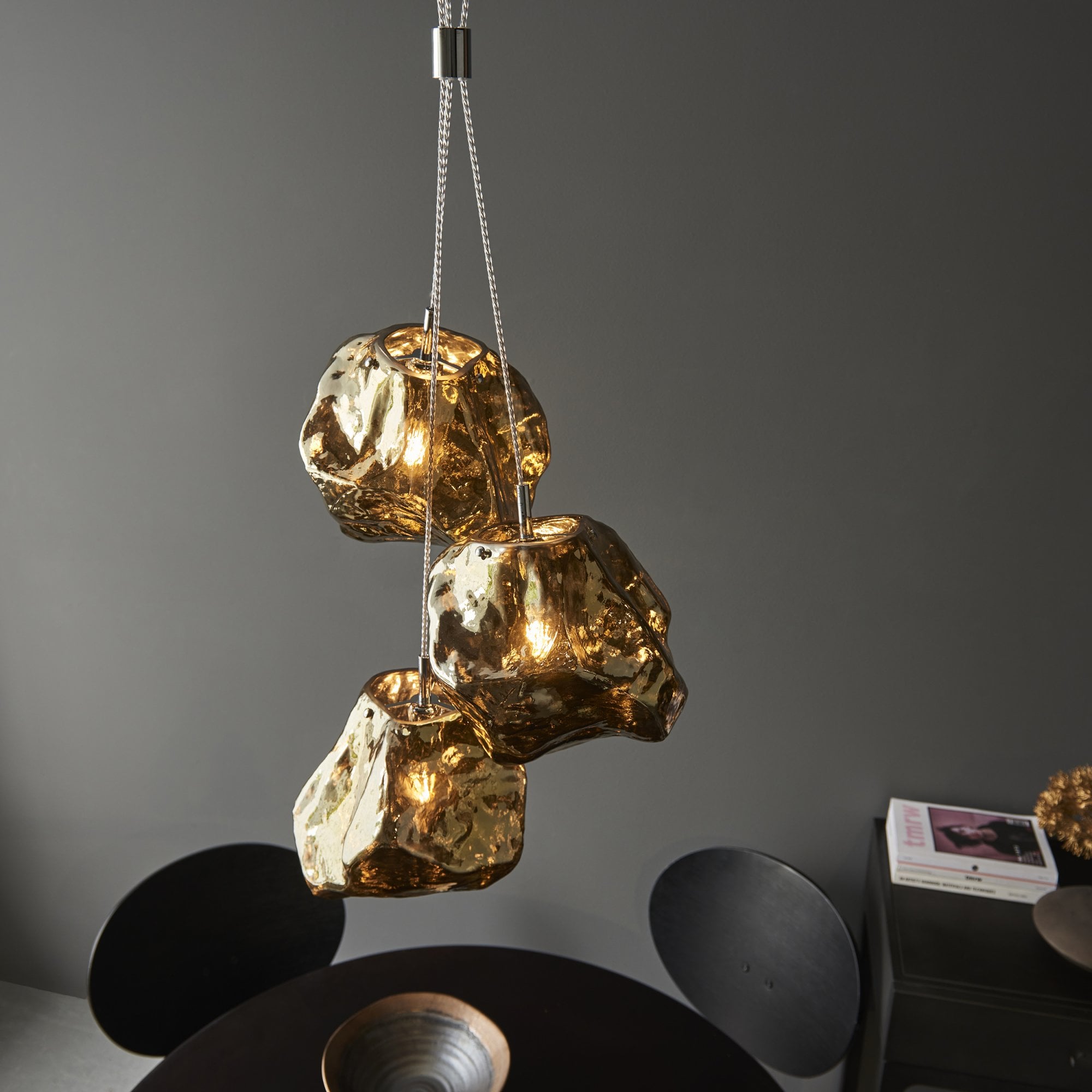 Endon Rock 3 Light Pendant -  Bronze Metalliclic Glass & Chrome Plate