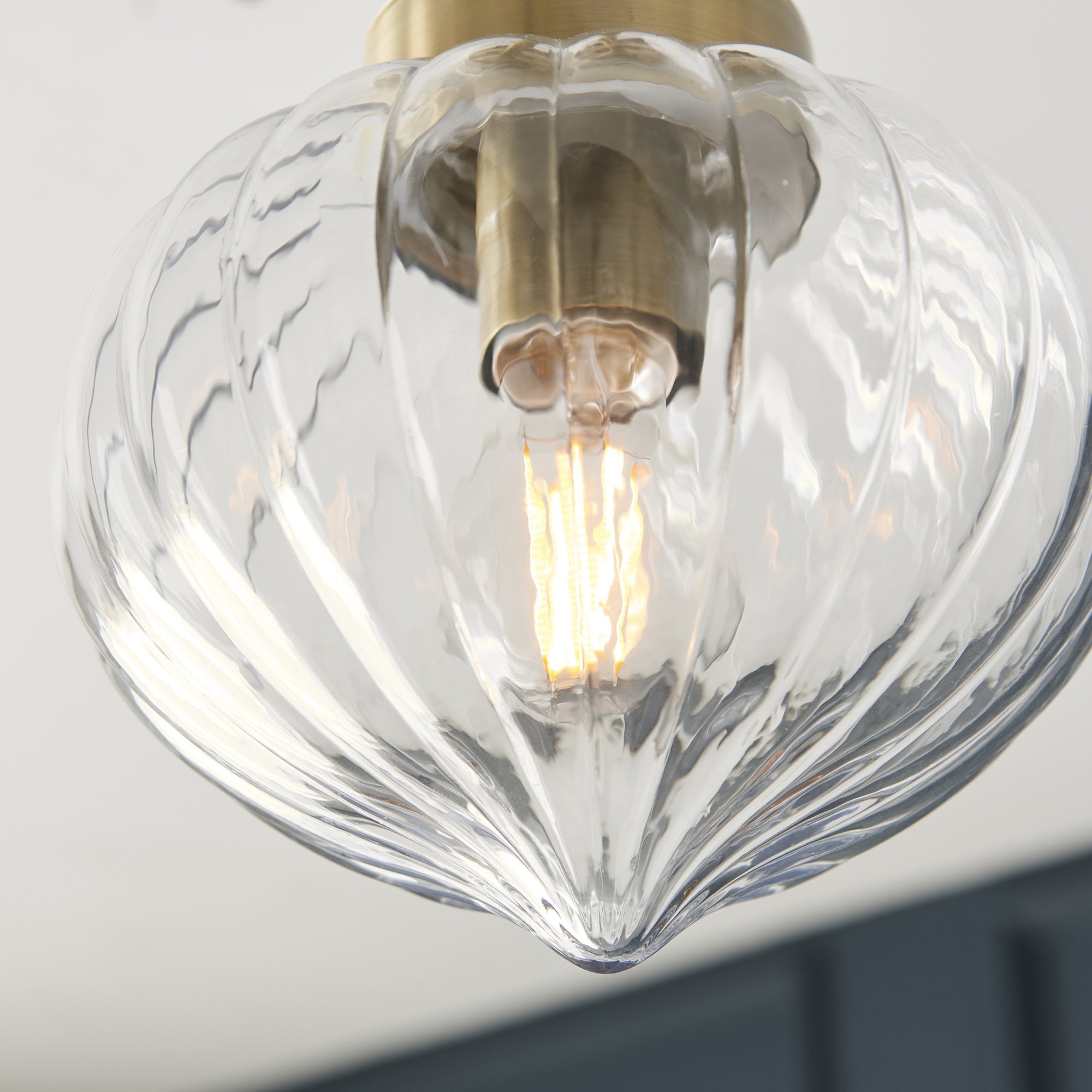 Endon Addington Single Light Semi Flush -  Antique Brass Plate & Clear Ribbed Glass