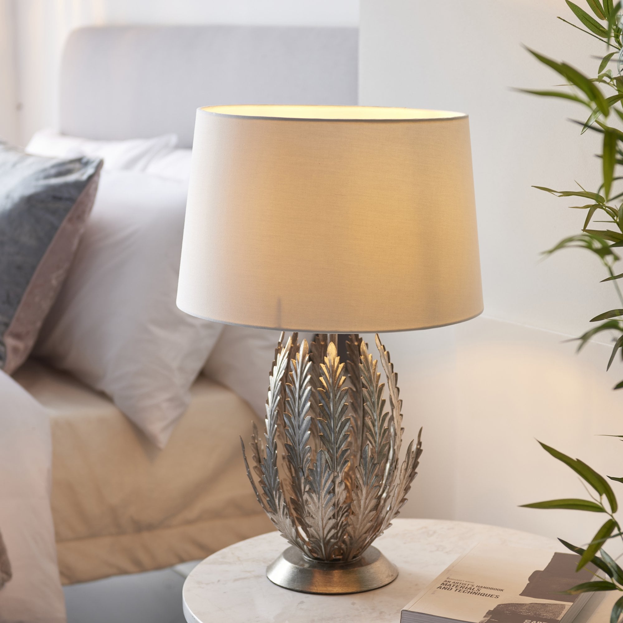 Endon Delphine Single Light Table Lamp -  Silver Leaf & Ivory Cotton Fabric