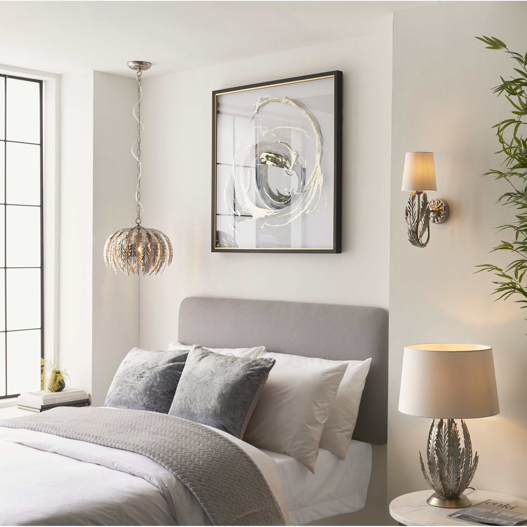 Endon Delphine Single Light Table Lamp -  Silver Leaf & Ivory Cotton Fabric
