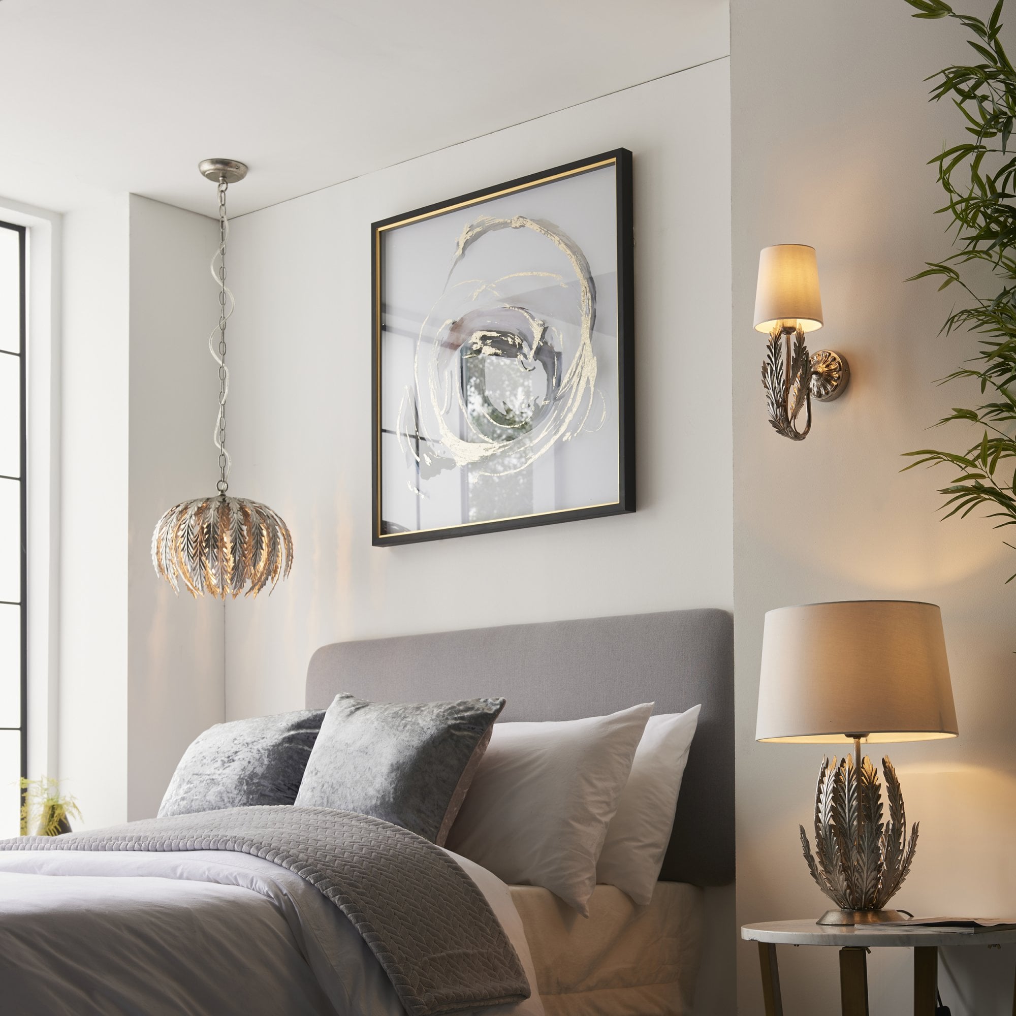 Endon Delphine Single Light Table Lamp -  Silver Leaf & Ivory Cotton Fabric
