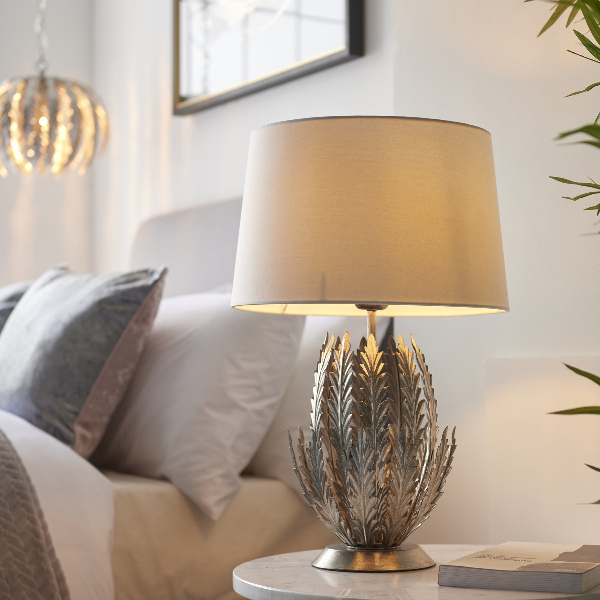 Endon Delphine Single Light Table Lamp -  Silver Leaf & Ivory Cotton Fabric