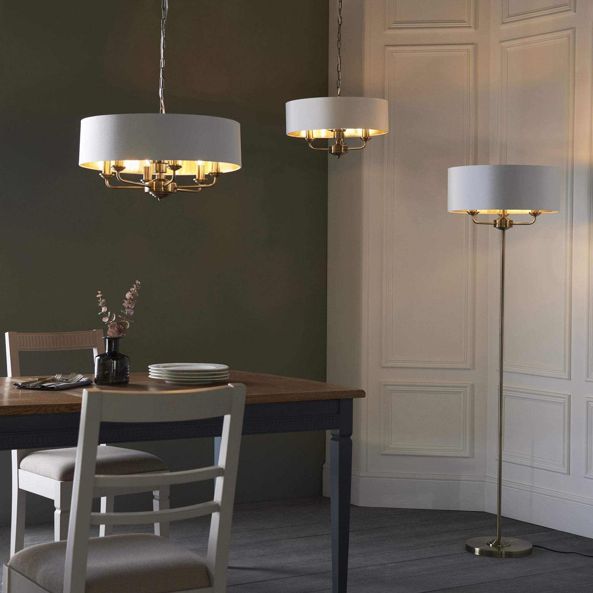 Endon Highclere 3 Light Floor Lamp - Antique Brass & Vintage White