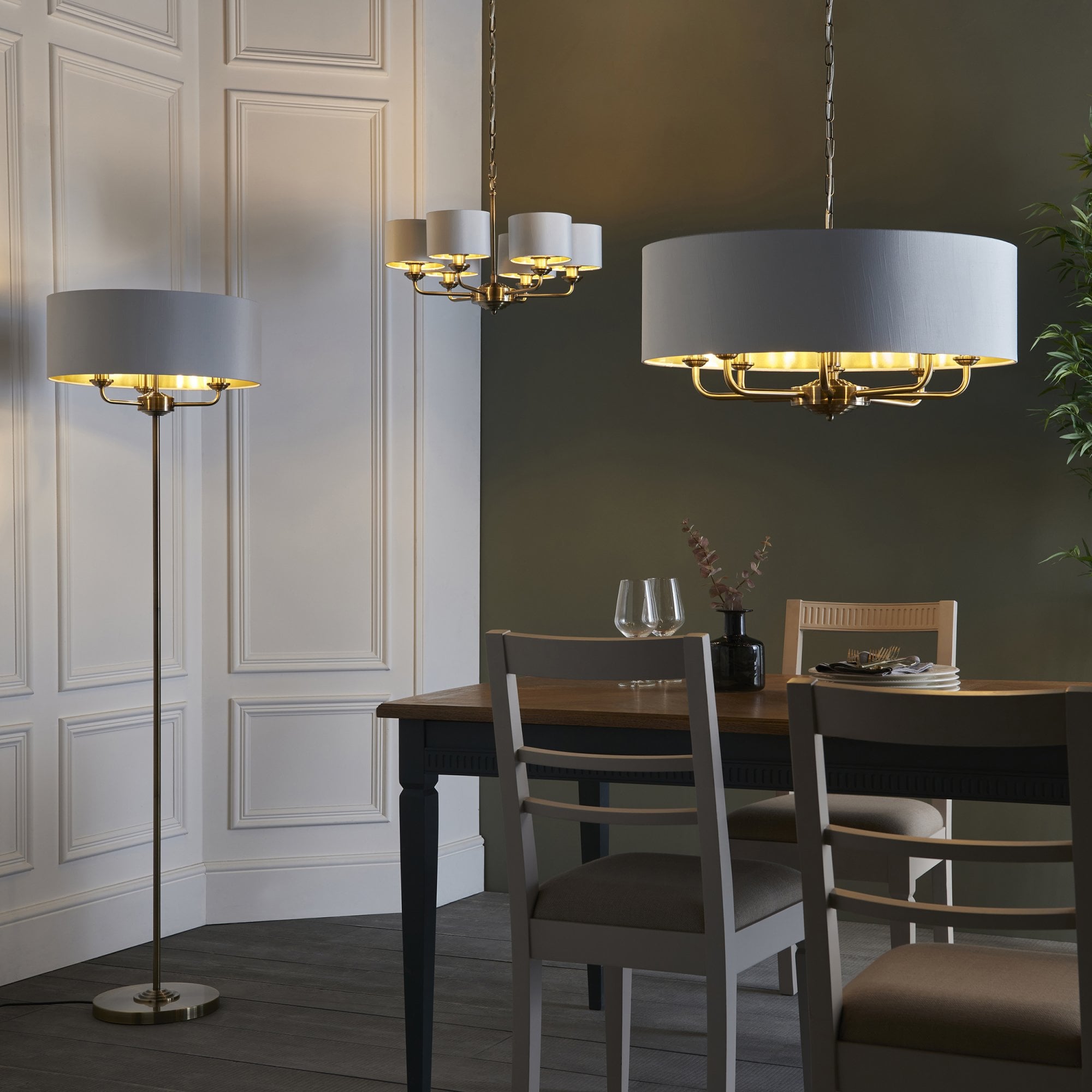 Endon Highclere 3 Light Floor Lamp - Antique Brass & Vintage White