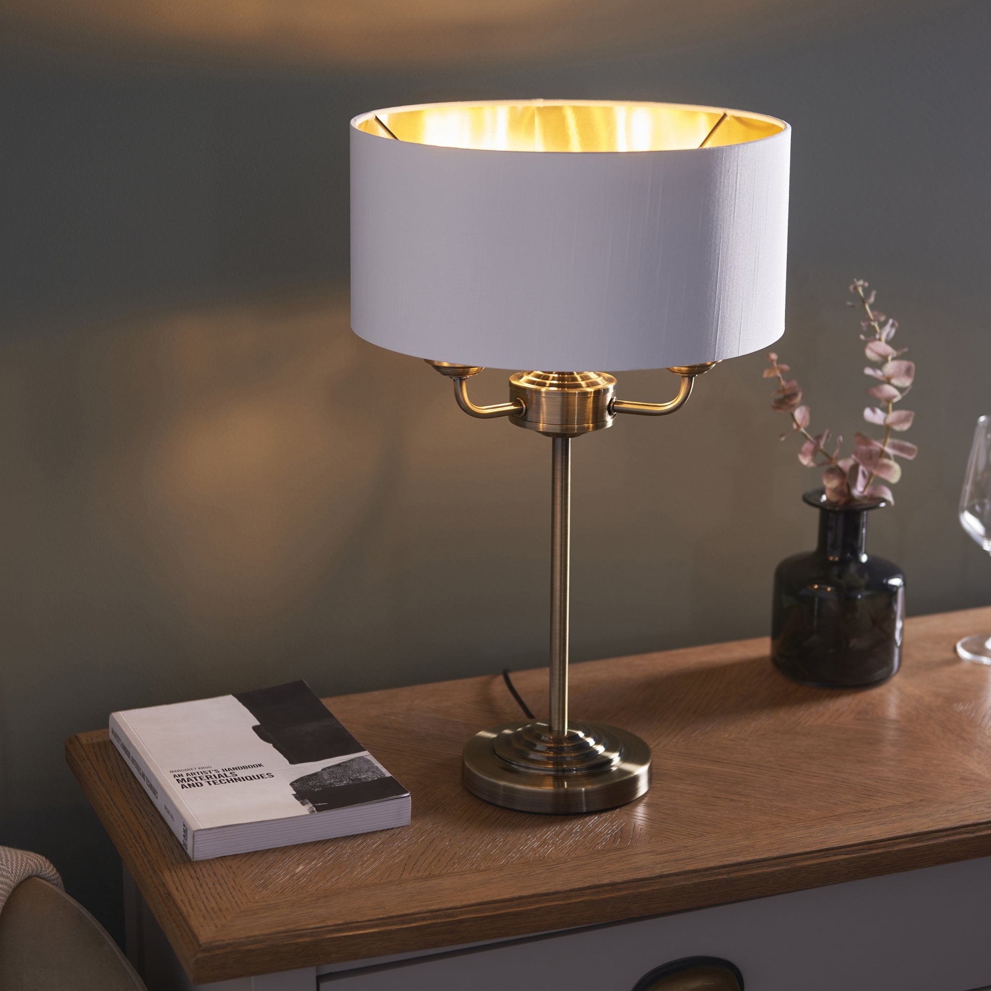 Endon Highclere 3 Light Table Lamp - Antique Brass & Vintage White