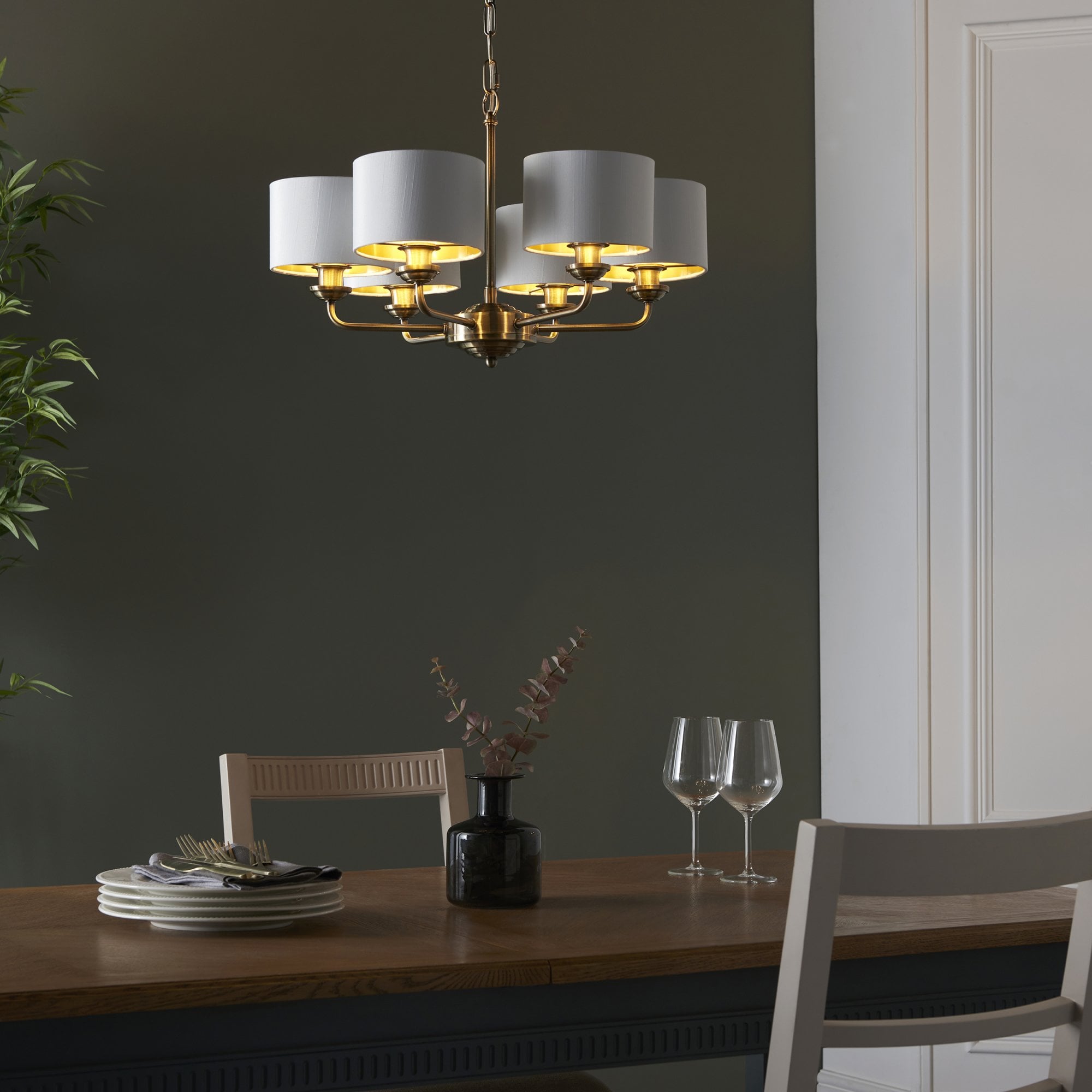 Endon Highclere 6 Light Arm Pendant - Antique Brass & Vintage White