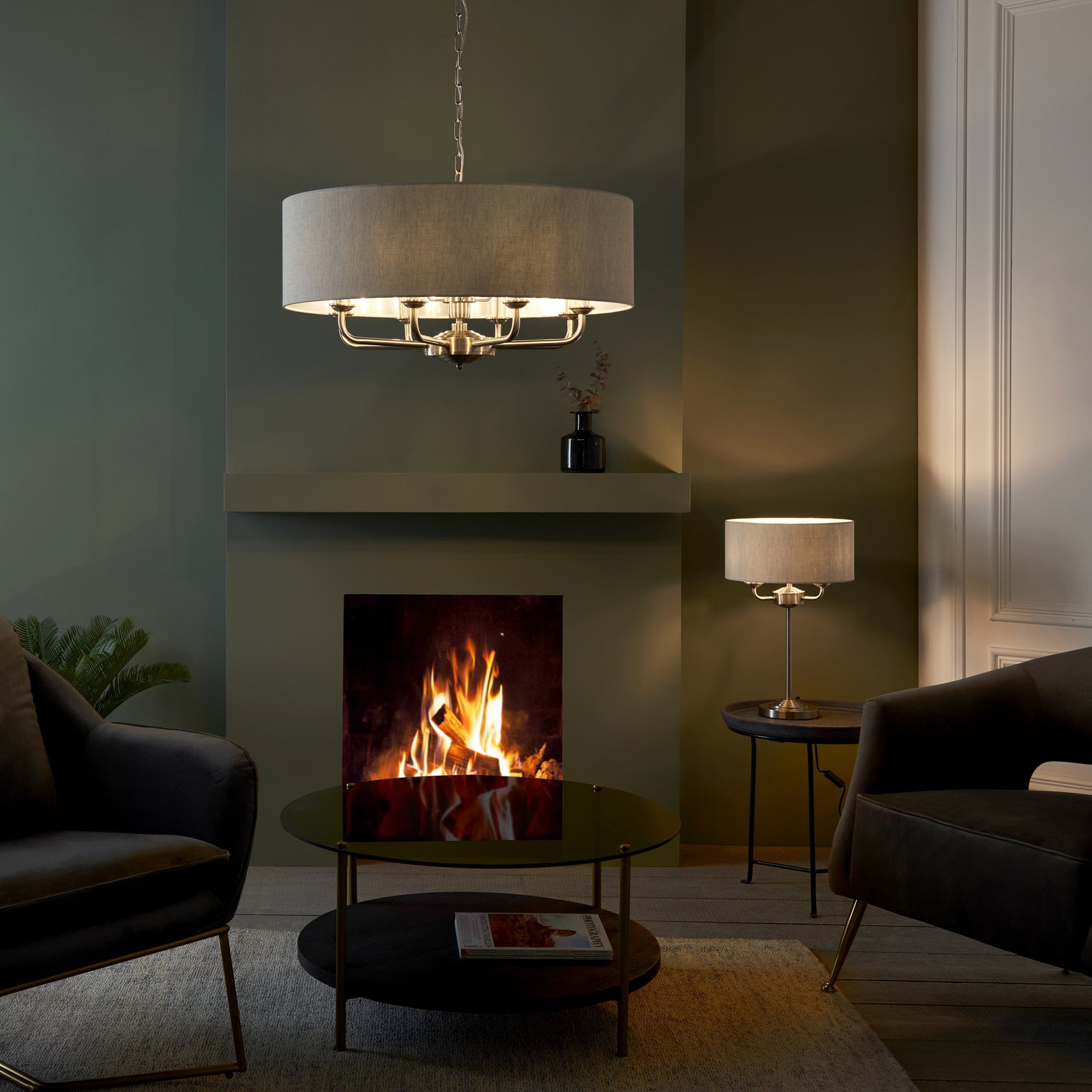 Endon Highclere 8 Light Pendant - Brushed Chrome & Natural Linen