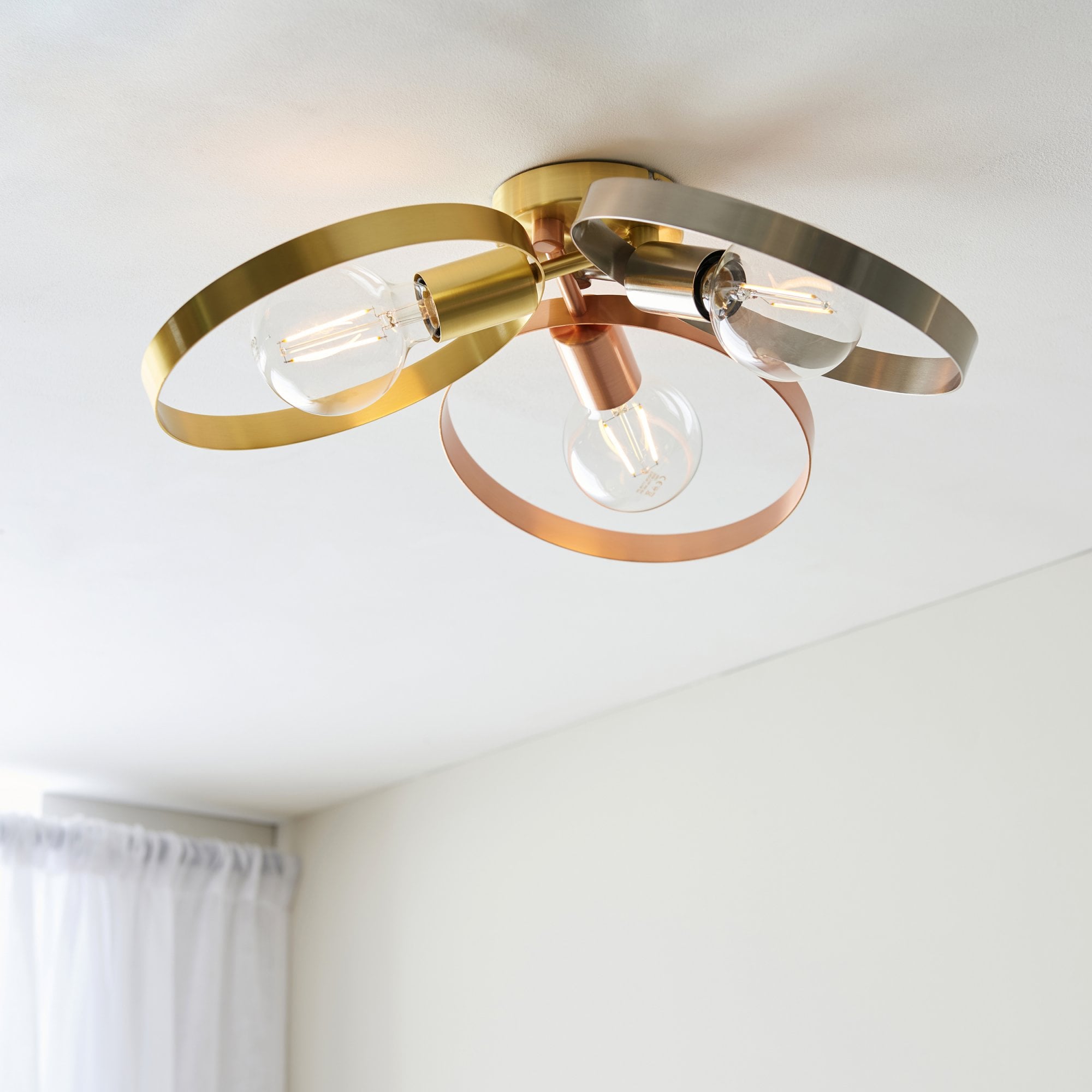 Endon Hoop 3 Light Semi Flush - Brushed Copper, Nickel & Brass