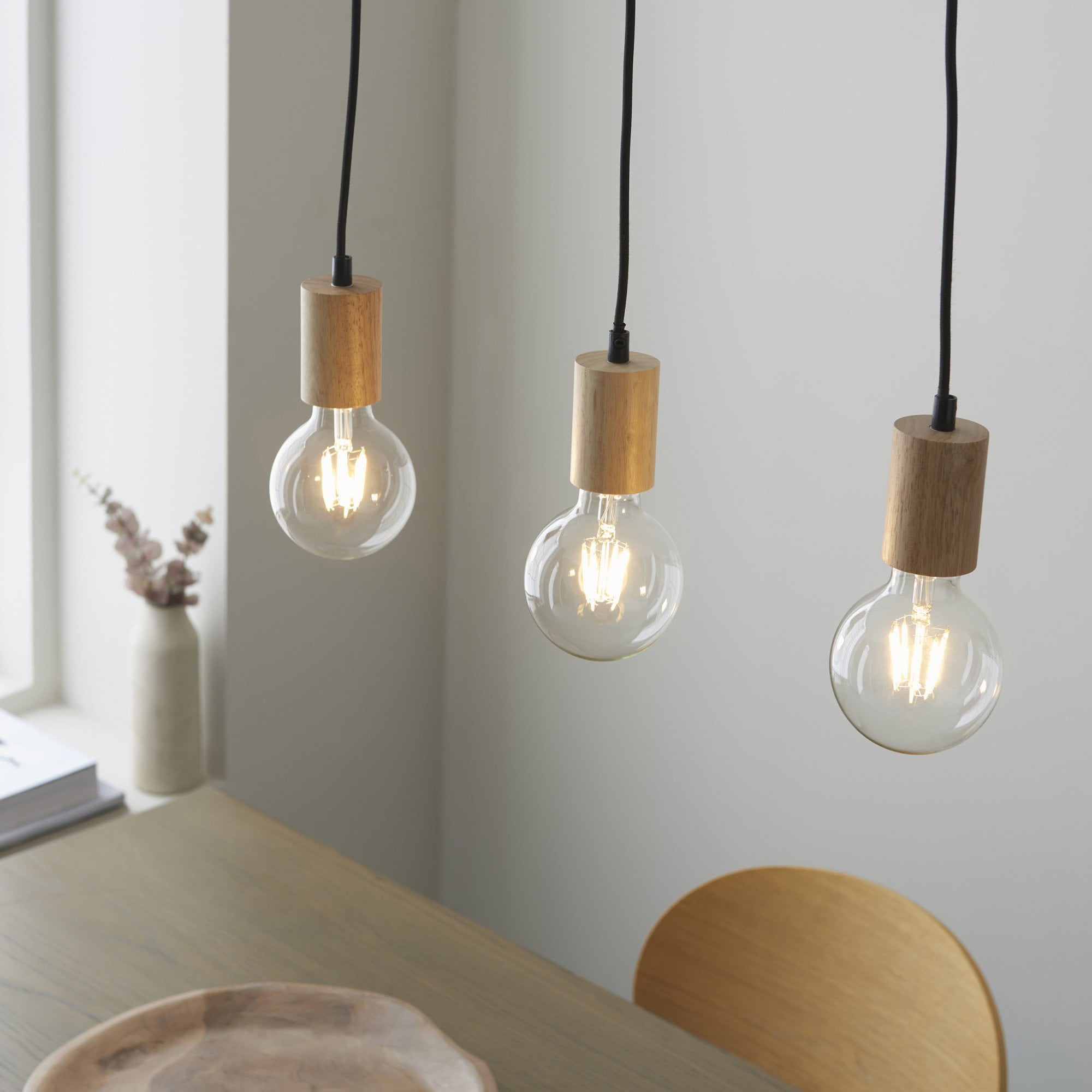 Endon Sven 3 Light Linear Pendant - Light Wood & Matt Black