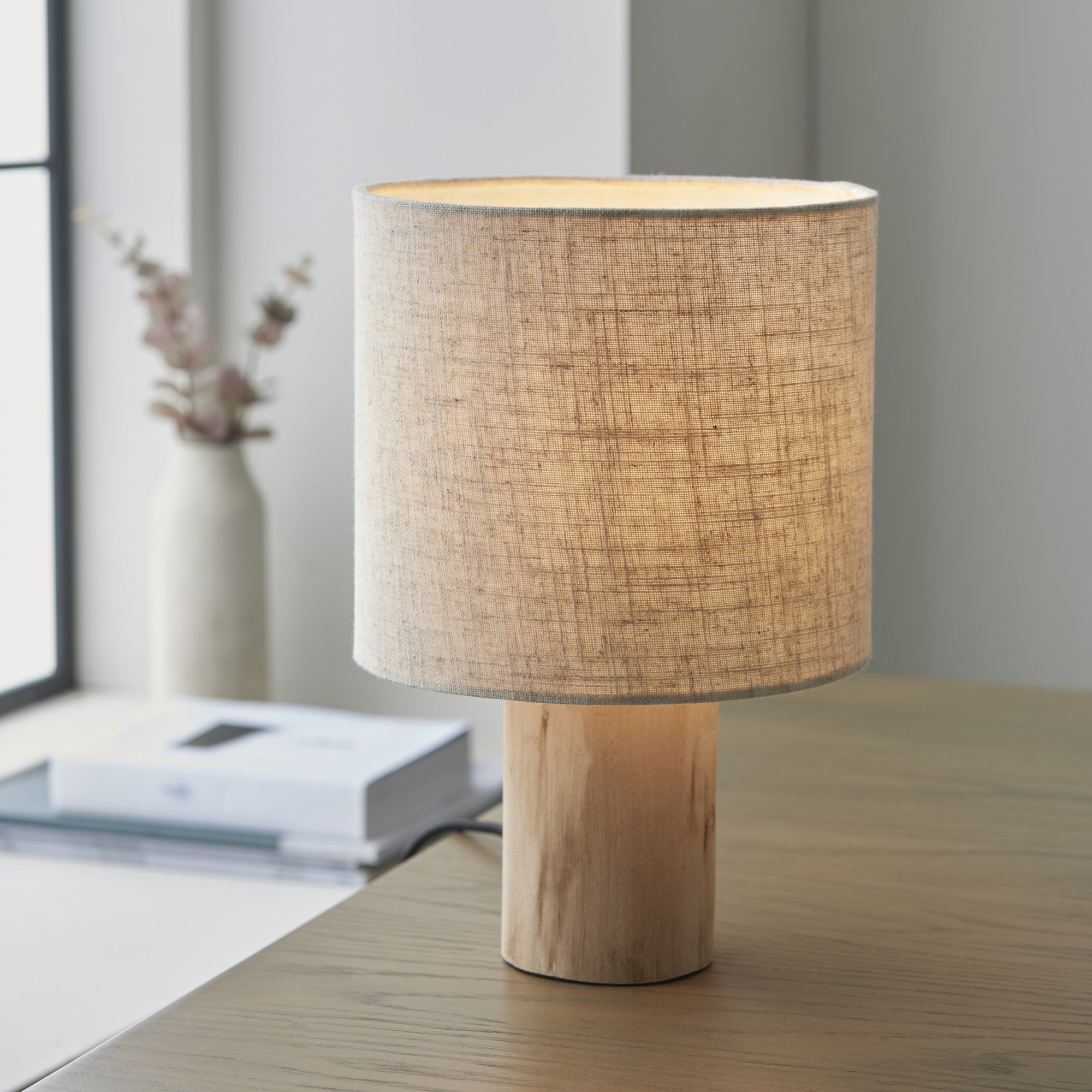 Endon Durban Single Light Table Lamp - Natural Linen & Wood