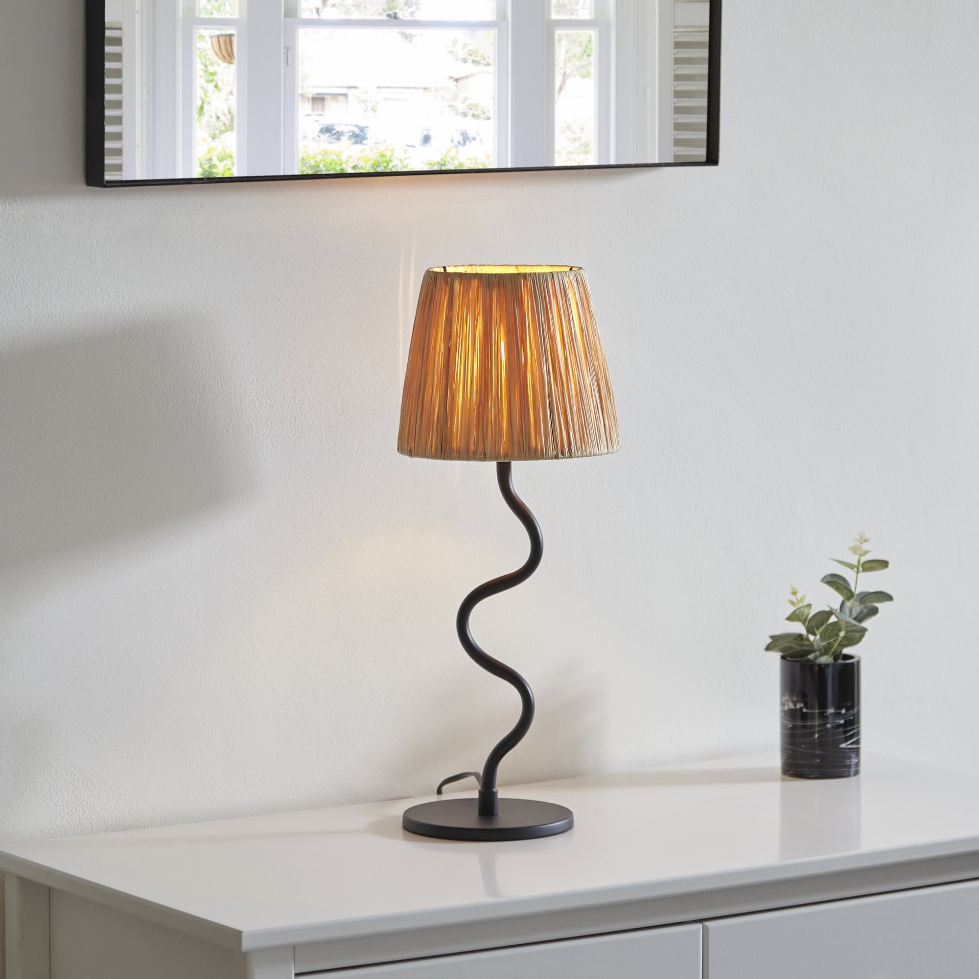 Endon Wriggle Table Lamp -  Matt Black & Natural Raffia Tapered Shade