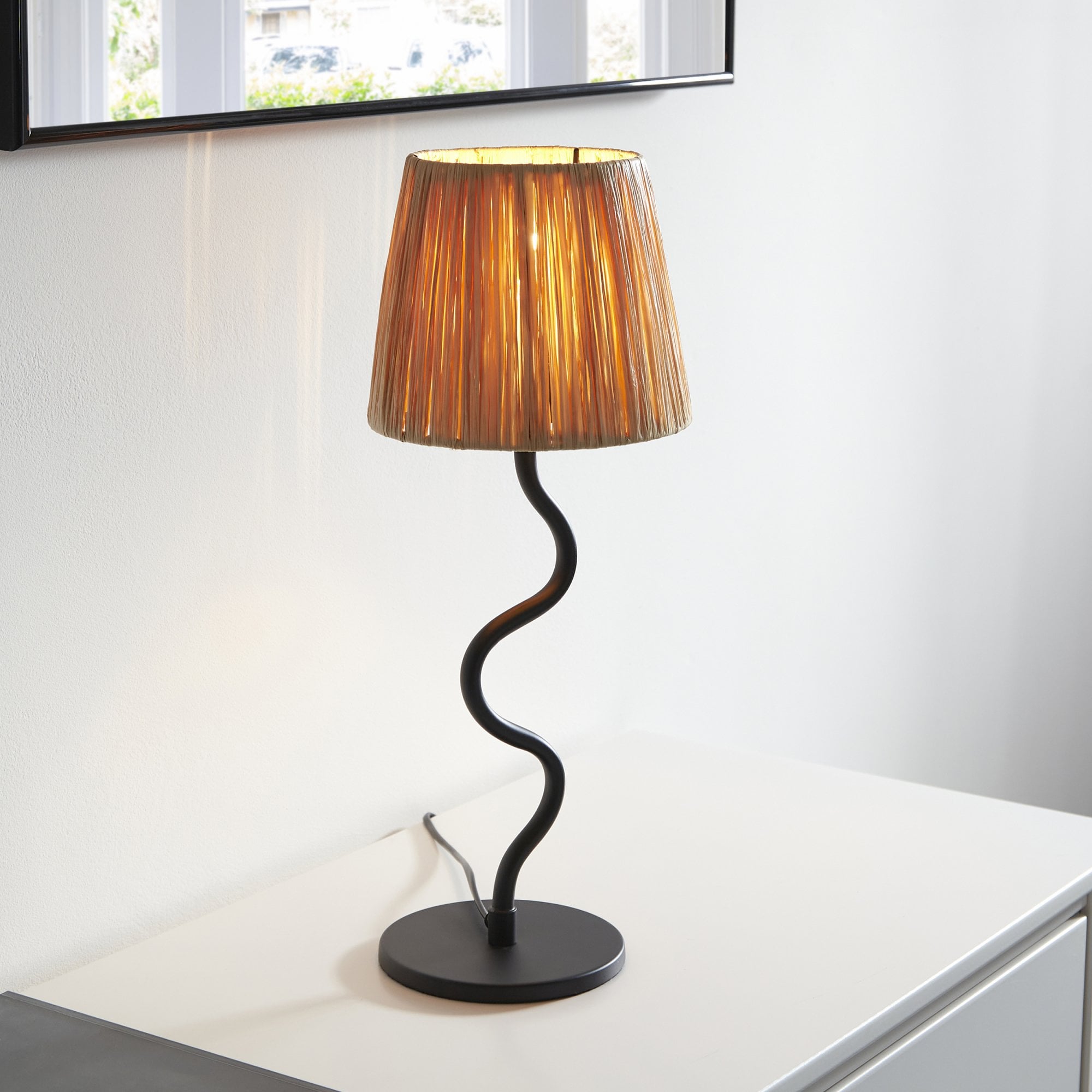 Endon Wriggle Table Lamp -  Matt Black & Natural Raffia Tapered Shade