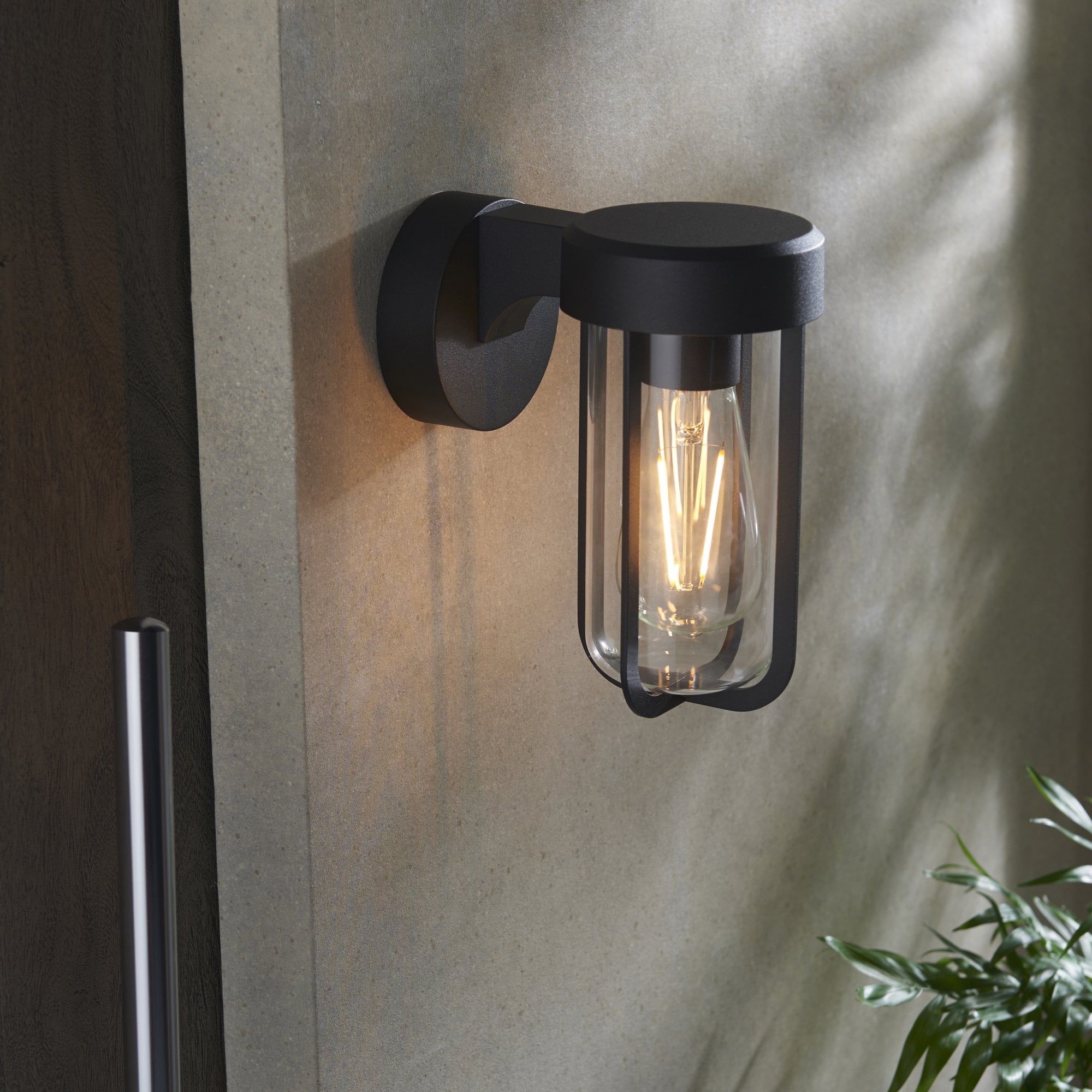 Utopia Pluto IP44 Wall Light - Matt Black And Clear Glass - E27