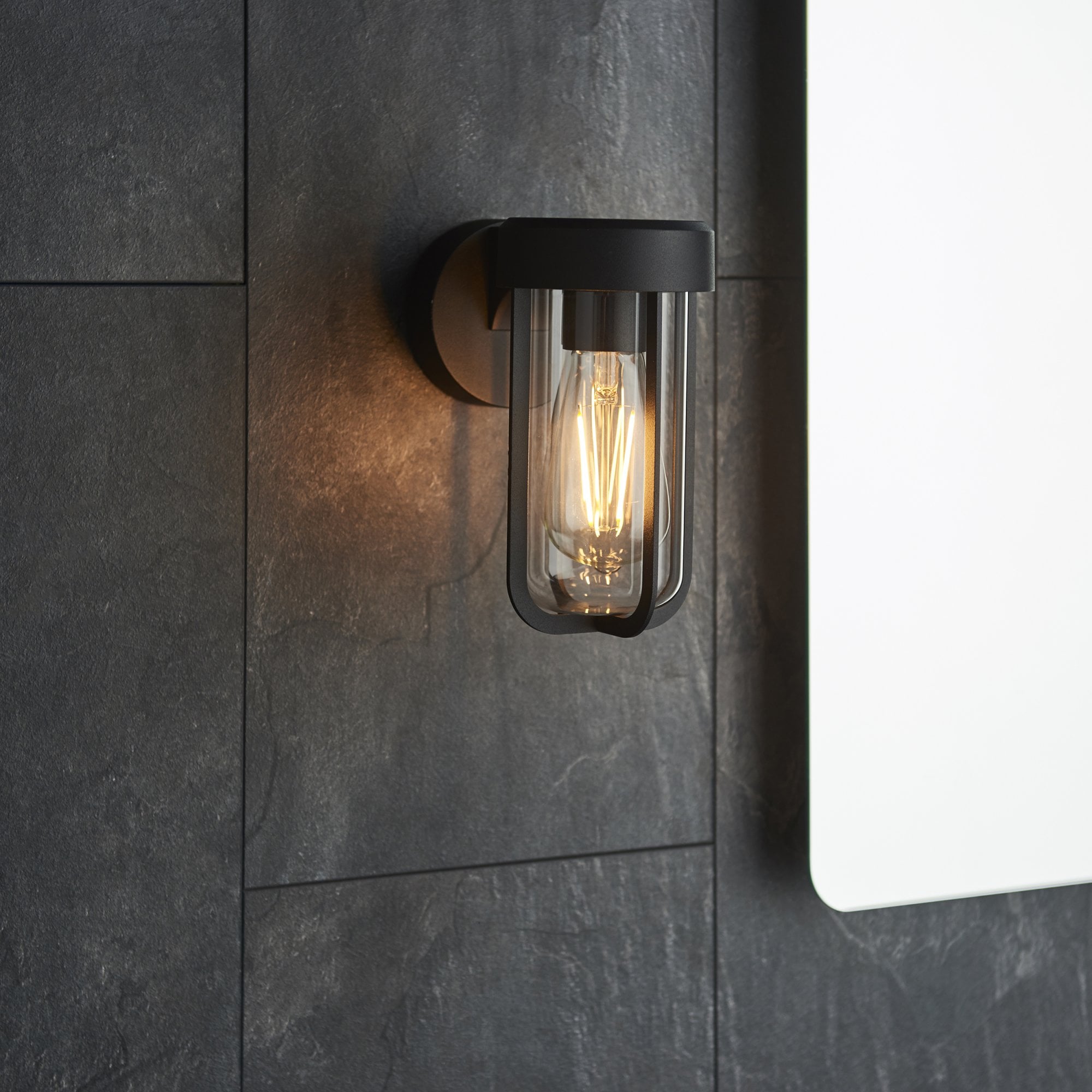 Utopia Pluto IP44 Wall Light - Matt Black And Clear Glass - E27