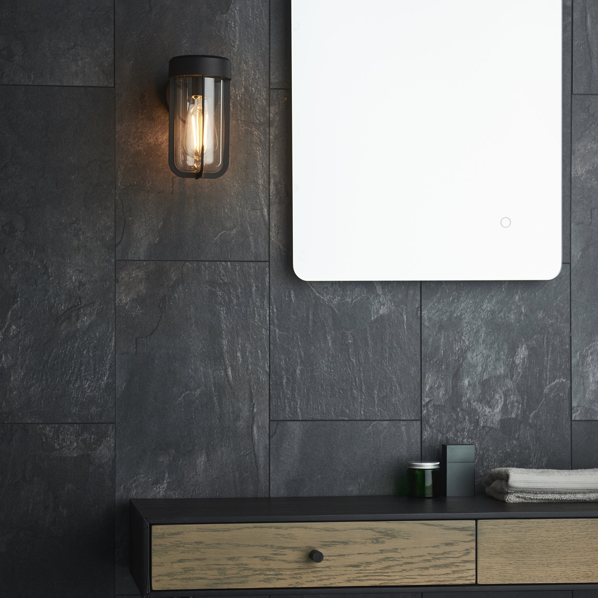 Utopia Pluto IP44 Wall Light - Matt Black And Clear Glass - E27