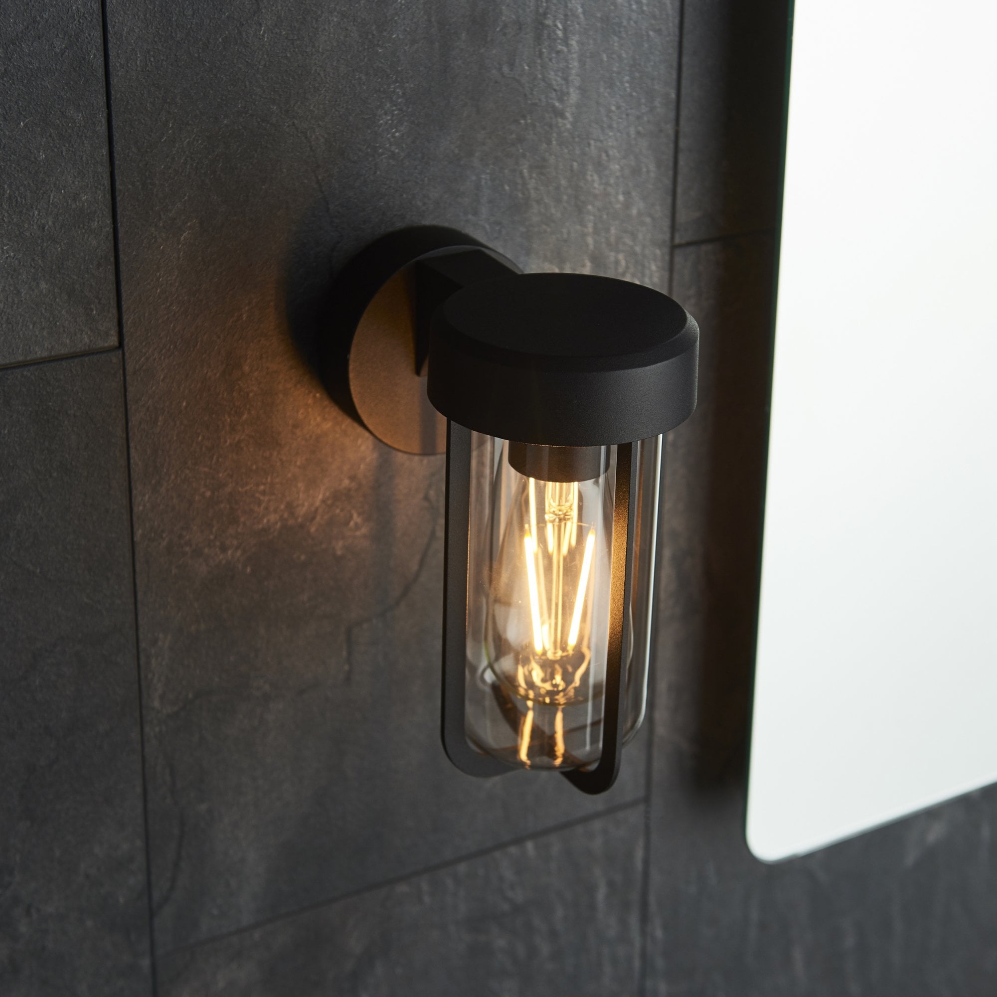Utopia Pluto IP44 Wall Light - Matt Black And Clear Glass - E27