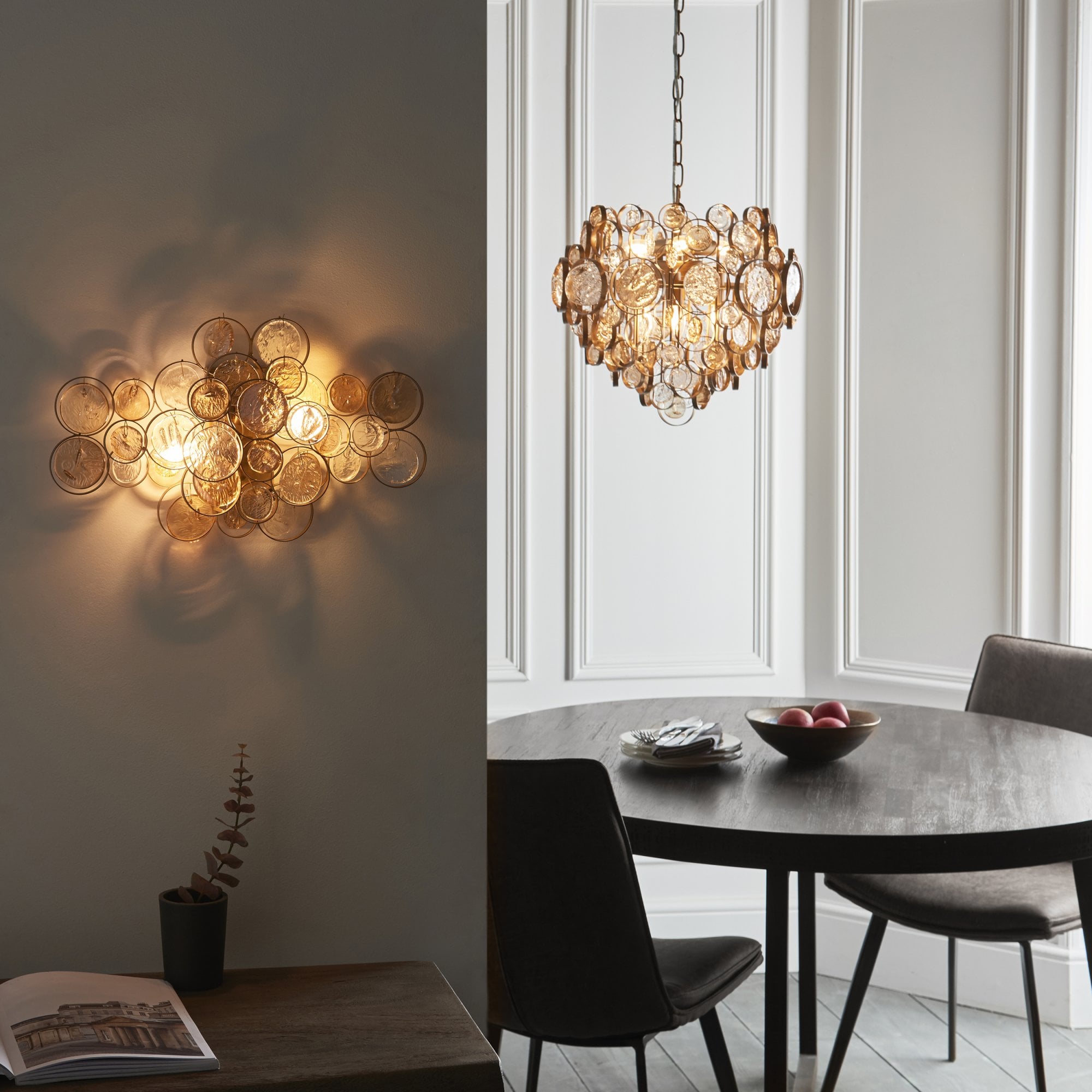 Utopia Penny 2 Light Wall Light - Antique Gold With Clear And Amber Glass