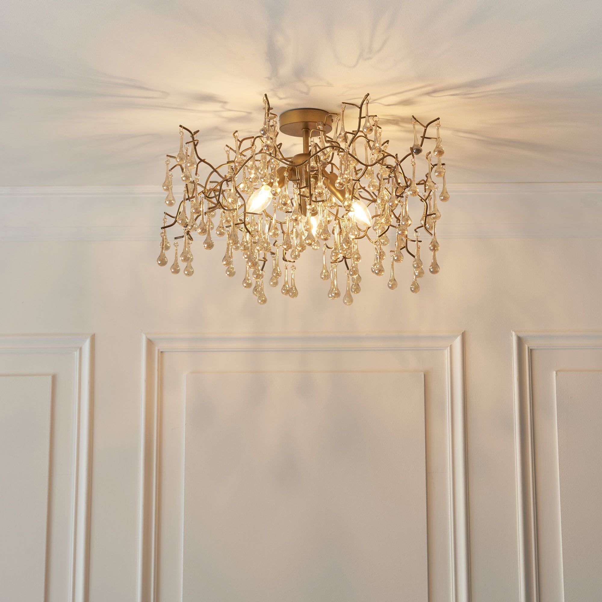 Utopia Drip 3 Light Semi Flush Fitting - Aged Gold With Champagne Tinted Glass - 55cm Diameter