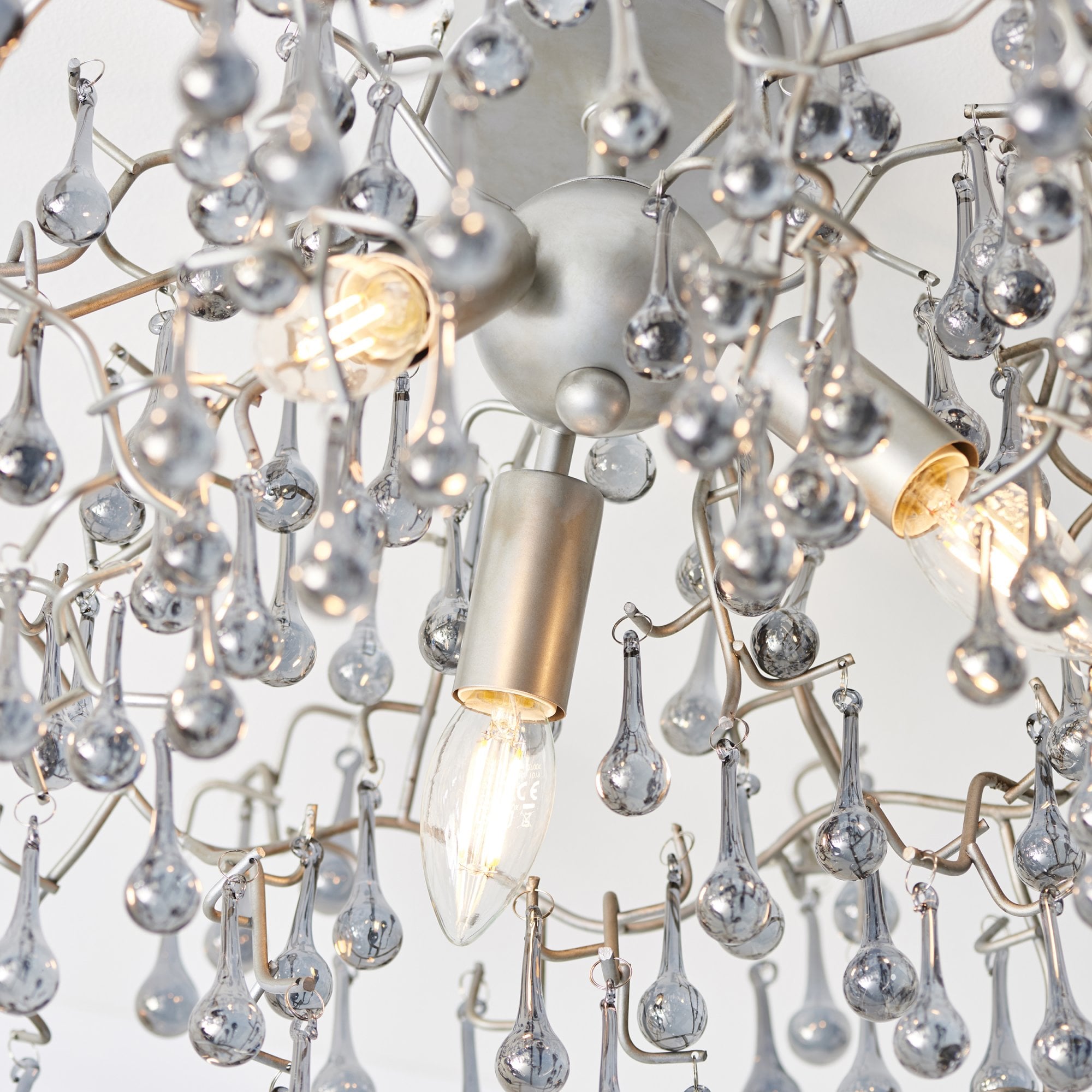 Utopia Drip 3 Light Semi Flush Fitting - Aged Silver With Smoked Grey Tinted Glass - 55cm Diameter