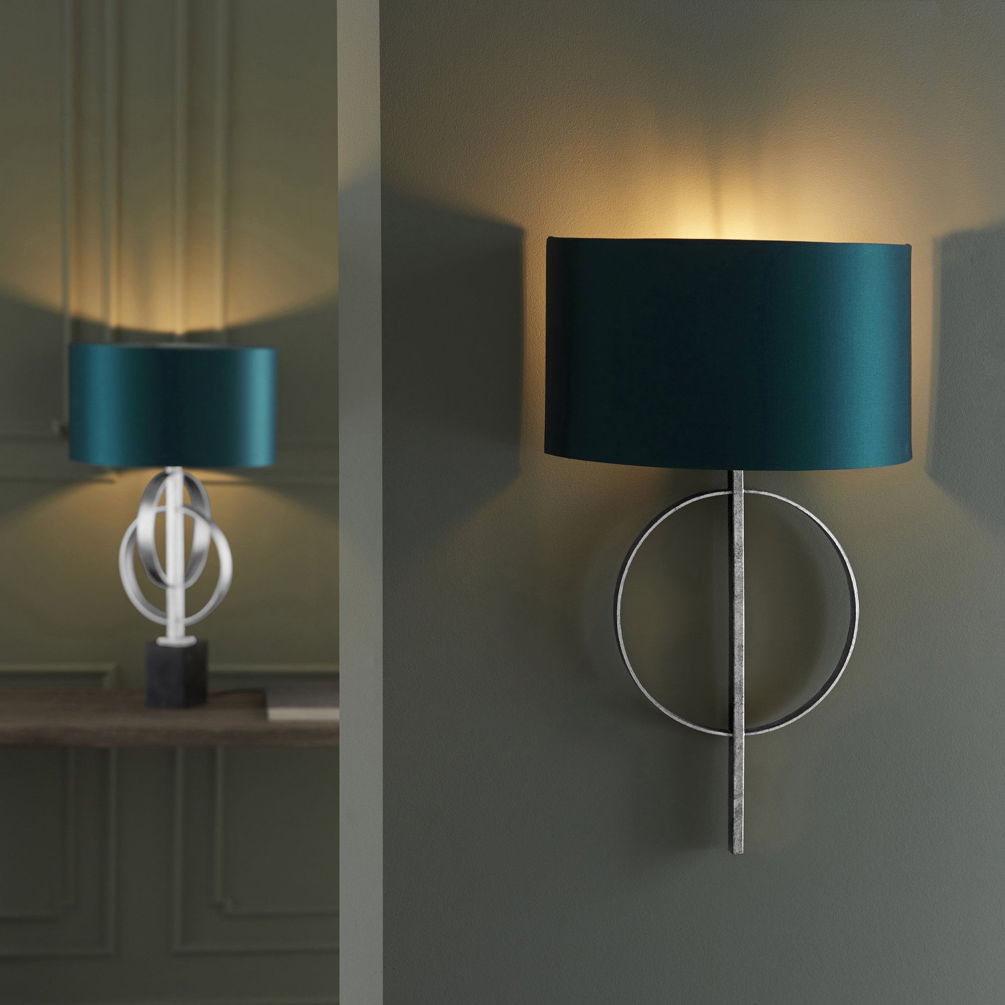 Utopia Interlink Wall Light - Antique Silver Leaf With Teal Shade